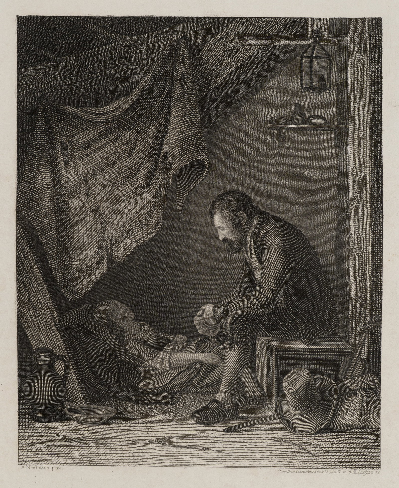 A. NIEDMANN (1826-1910), The musician’s little daughter, Steel engraving: August Heinrich Niedmann (1826 - 1910 ): The musician's little daughter Thoughtful musician with sleeping child in modest surroundings, 19th century, Steel engraving Technique: Steel engraving on Pape