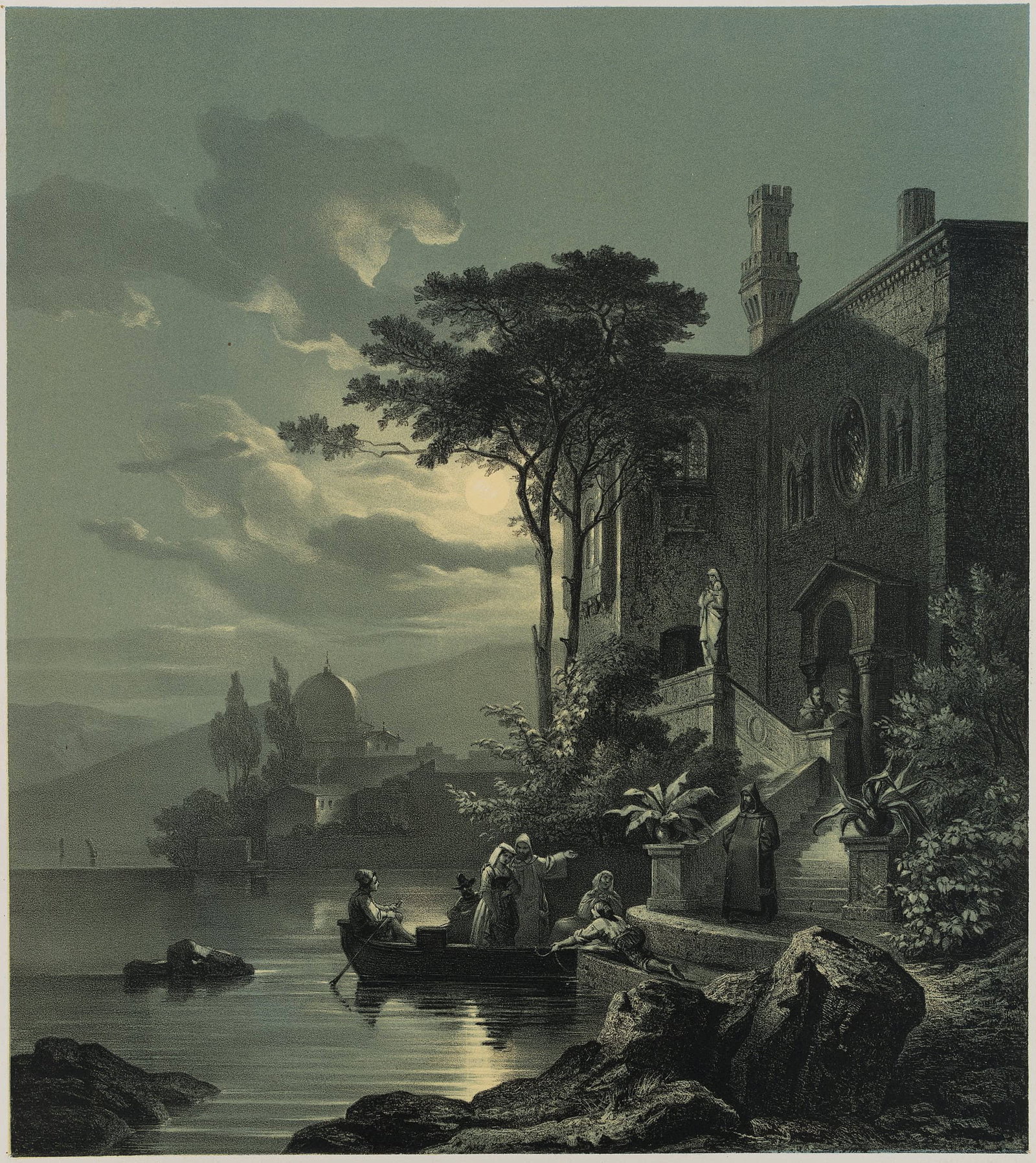 J. EBERHARDT (*1820) after OTT (*1804), The journey to the monastery, around 1850, Colour lithograph: Jakob Eberhardt (1820 - 1889 ibid.) after Johann Nepomuk Ott (1804 - 1870 ): The trip to the monastery, night piece with rowing boat mooring, c. 1850, Colour lithography Technique: Colour lithography 