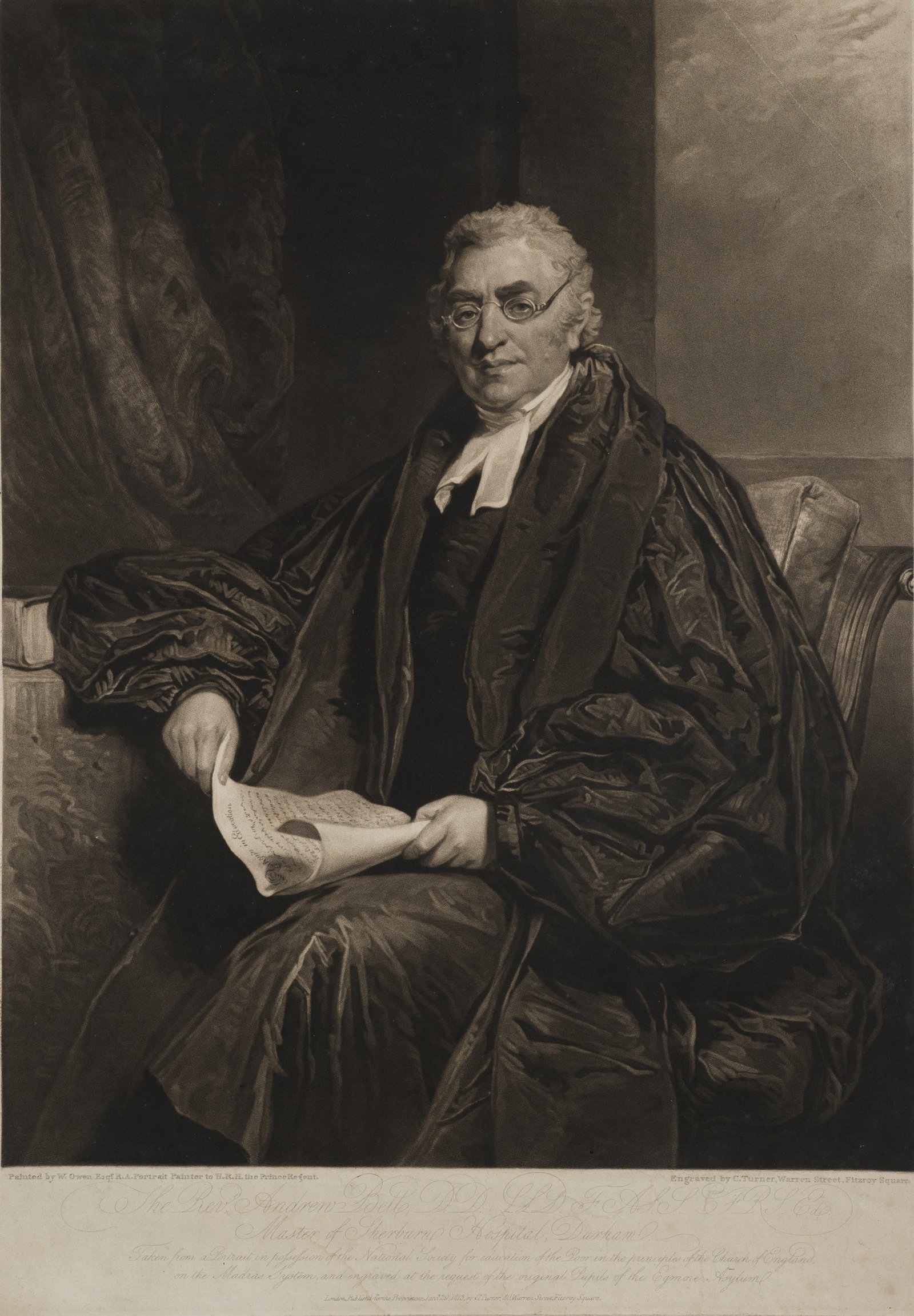 C. TURNER (*1773) after OWEN (*1769), Portrait of Andrew Bell, 1813, Mezzotint: Charles Turner (1773 Woodstock, Oxfordshire - 1857 London) after William Owen (1769 - 1824 ibid.): Portrait of Dr Andrew Bell, Master of Sherburn Hospital, Durham, founder of the so-called Madras syst