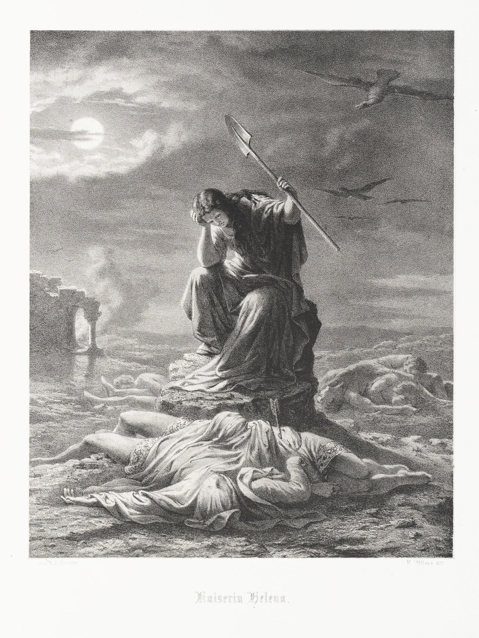 M. ULFFERS (*1819) after PESSIER (19th), Empress Helena, Lithography: Moritz Ulffers (1819 Hamburg - 1902 Düsseldorf) after E. Pessier (19th century): Empress Helena at night on a battlefield, 19th century, Lithography Technique: Lithography on China paper, rolled-