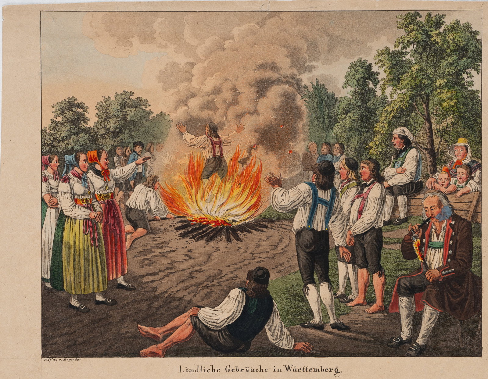 J. RUGENDAS (*1802) after PFLUG (*1785), Fire-jumping in Württemberg, around 1820, Aquatint: Johann Moritz Rugendas (1802 Augsburg - 1858 Weilheim (Teck)) after Johann-Baptist Pflug (1785 - 1866 ): Fire-jumping in Württemberg, c. 1820, Aquatint Technique: Hand colored Aquatint on Paper I
