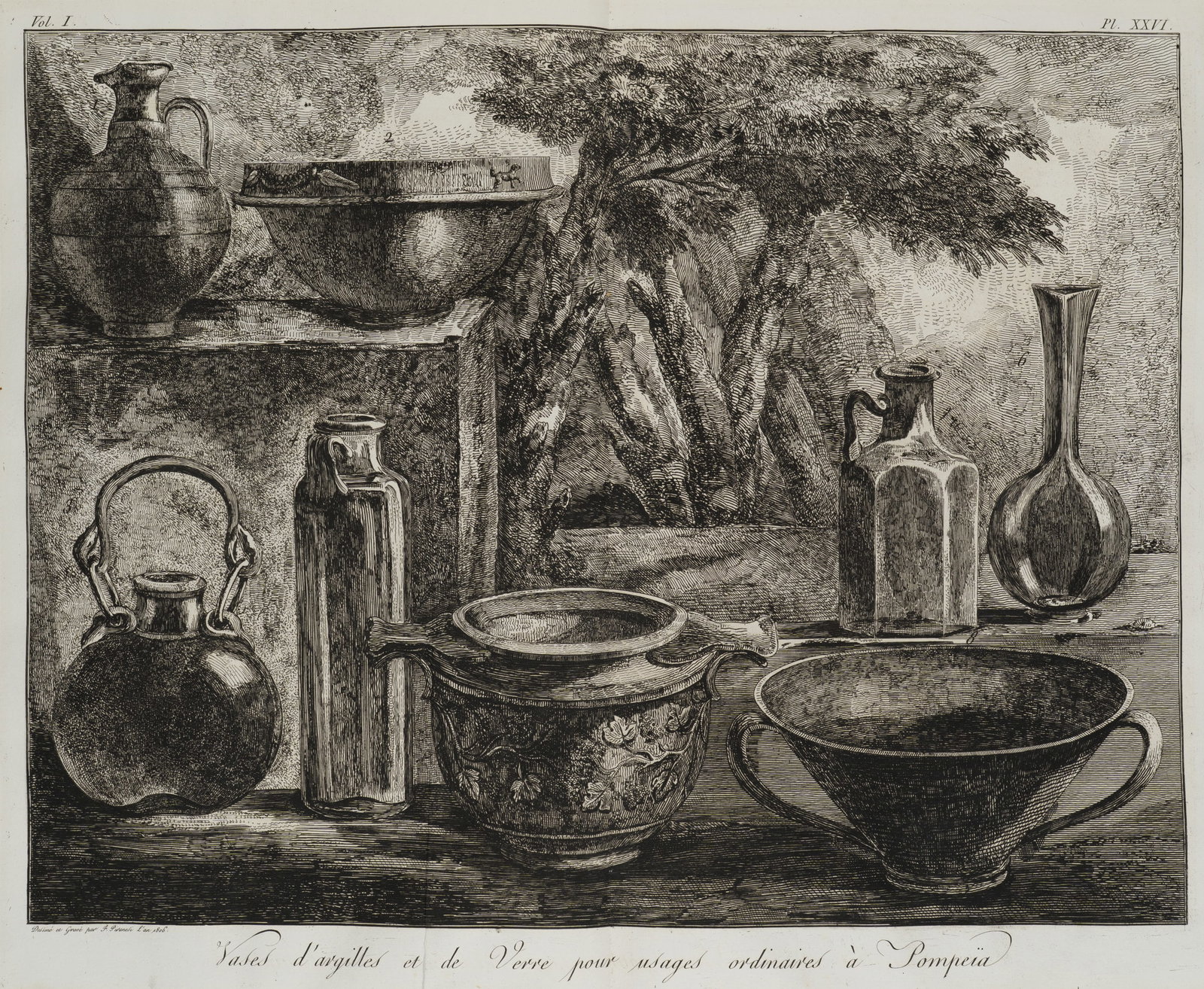 F. PIRANESI (1758-1810), Vessels from Pompeii, 1806, Etching: Francesco Piranesi (1758 Rom - 1810 Paris): Vessels from Pompeii Archaeological panel with clay and glass vessels for everyday use in Pompeii, 1806, Etching Technique: Etching on Paper Impression Qual