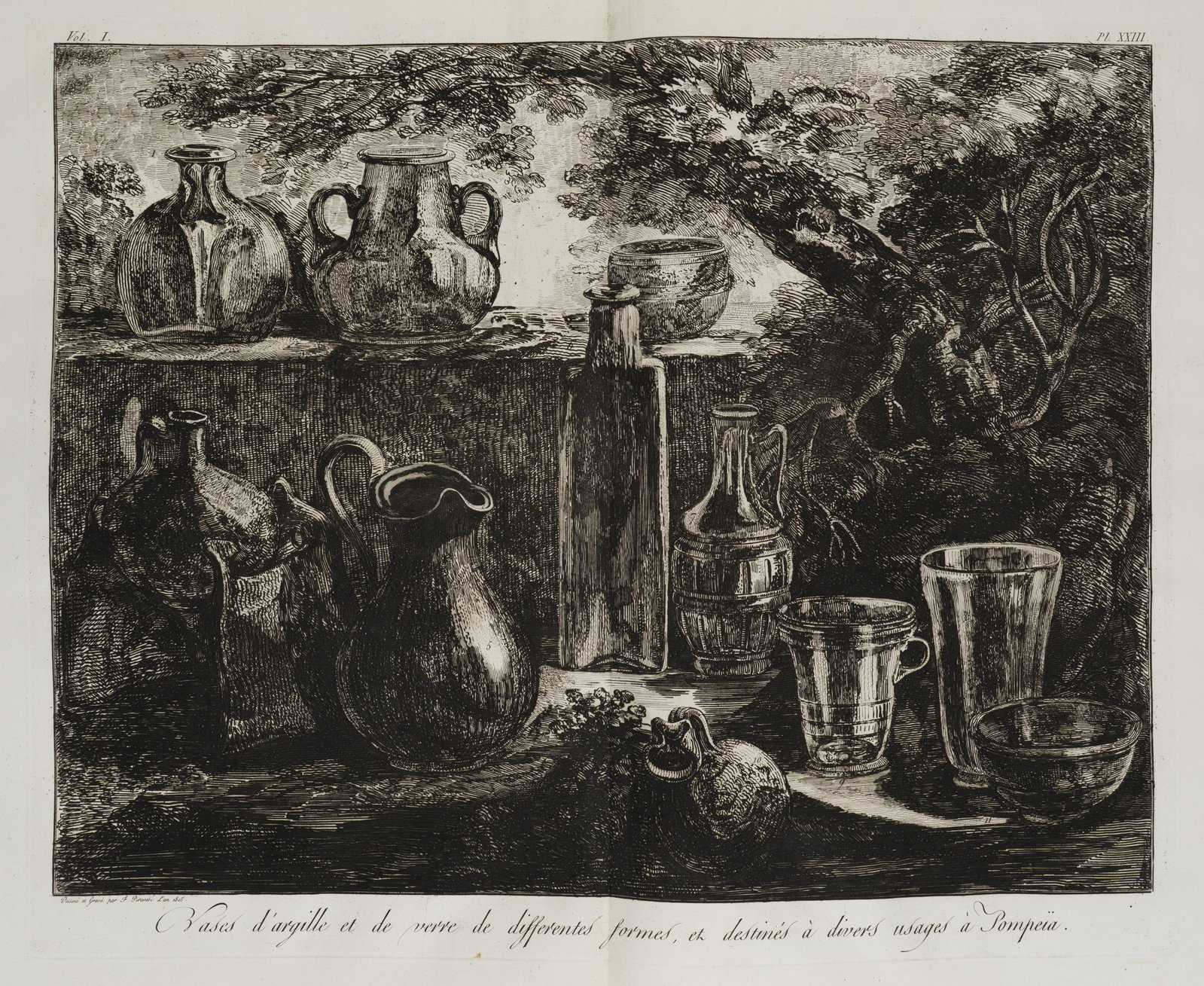F. PIRANESI (1758-1810), Ancient vessels from Pompeii, 1805, Etching: Francesco Piranesi (1758 Rom - 1810 Paris): Ancient vessels from Pompeii Panel with clay and glass vessels of various shapes and uses from Pompeii, 1805, Etching Technique: Etching on Paper Impression