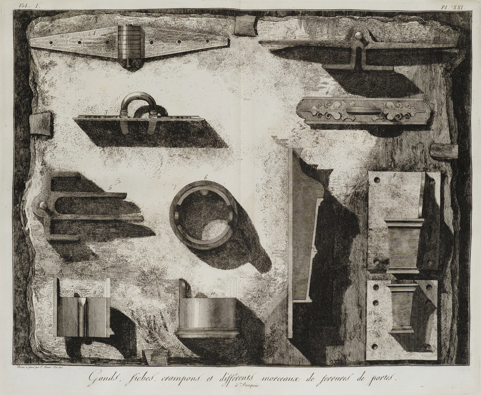 G. PIRANESI (*1720) after PIRANESI (*1720), Door fittings from Pompeii, 1805, Etching: Giovanni Battista Piranesi (1720 - 1778 ) after Giovanni Battista Piranesi (1720 - 1778 ): Door fittings from Pompeii Technical plate with door fittings and ironwork from Pompeii, 1805, Etching Techni