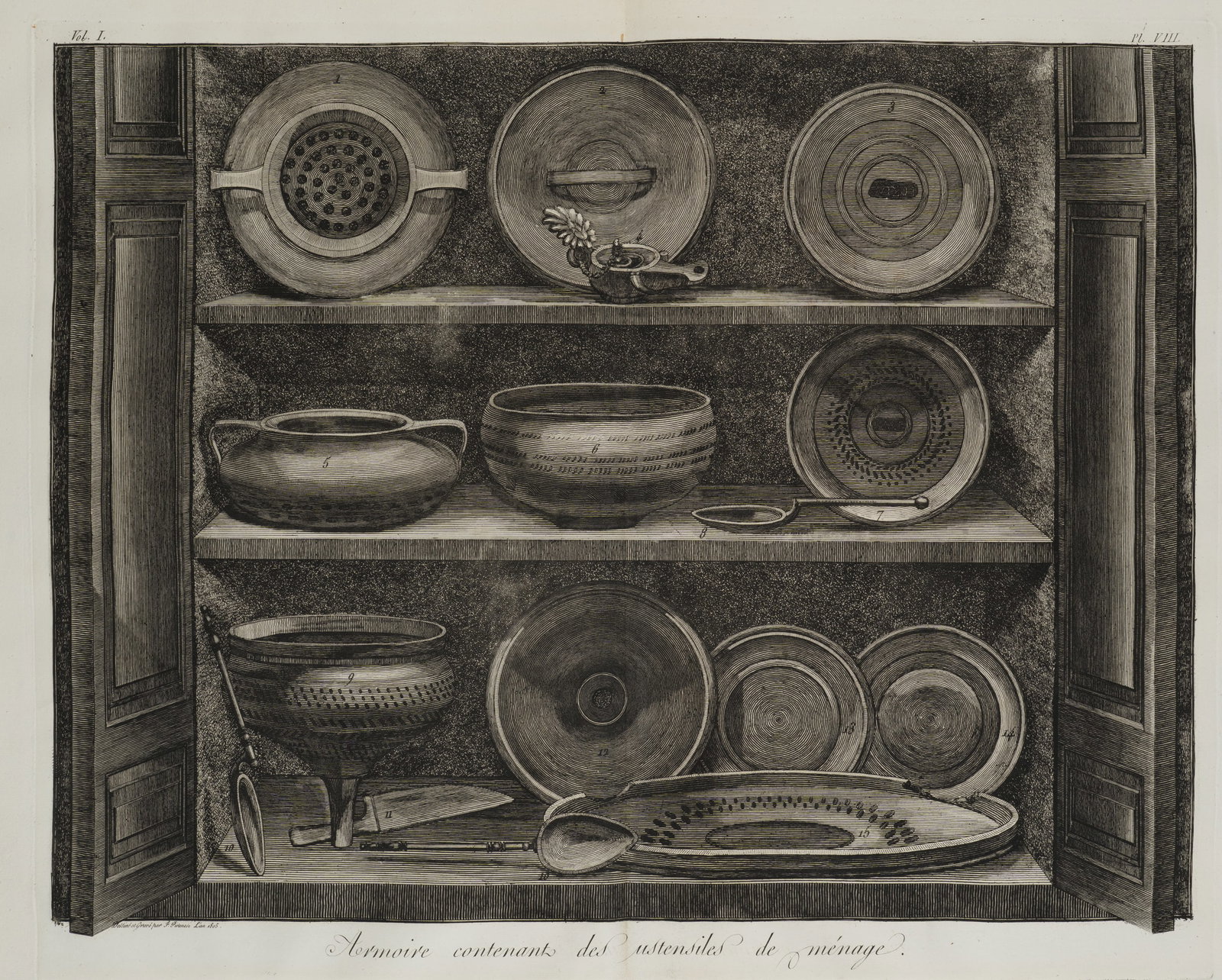 G. PIRANESI (*1720) after PIRANESI (*1720), Cupboard with household appliances, 1805, Etching: Giovanni Battista Piranesi (1720 - 1778 ) after Giovanni Battista Piranesi (1720 - 1778 ): Cupboard with household appliances Open cupboard with organised household and kitchen utensils, 1805, Etching