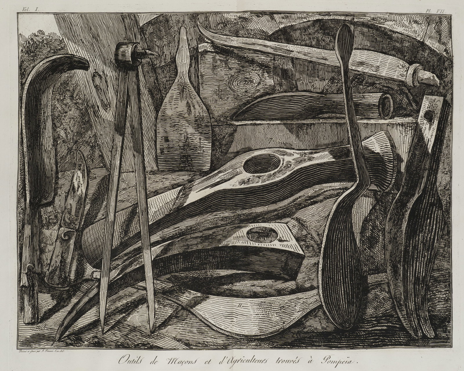F. PIRANESI (1758-1810), Tools from Pompeii, 1805, Etching: Francesco Piranesi (1758 Rom - 1810 Paris): Tools from Pompeii Archaeological panel with masonry tools, 1805, Etching Technique: Etching on Paper Impression Quality: Excellent, harmonious print, clear
