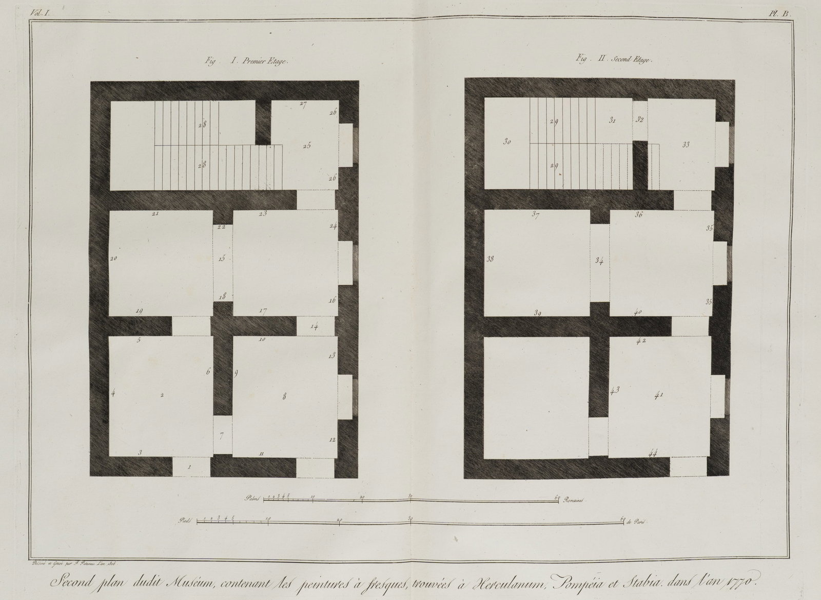F. PIRANESI (1758-1810), Floor plan of a museum, 1806, Etching: Francesco Piranesi (1758 Rom - 1810 Paris): Floor plan of a museum Second plan of a museum with fresco finds from Herculaneum, Pompeii and Stabia, 1806, Etching Technique: Etching on Paper Impression 