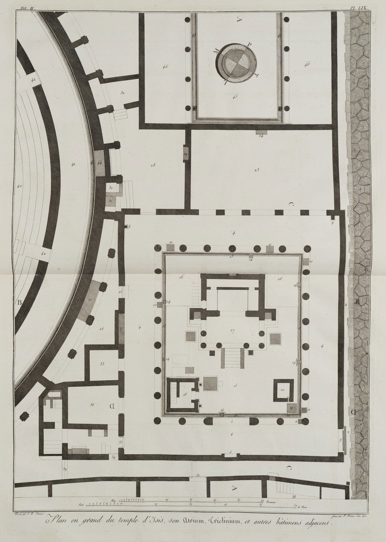 F. PIRANESI (*1758) after PIRANESI (*1720), Floor plan of the Temple of Isis, 1806, Etching: Francesco Piranesi (1758 Rom - 1810 Paris) after Giovanni Battista Piranesi (1720 - 1778 ): Floor plan of the Temple of Isis Plan of the Temple of Isis with atrium, triclinium and neighbouring buildin