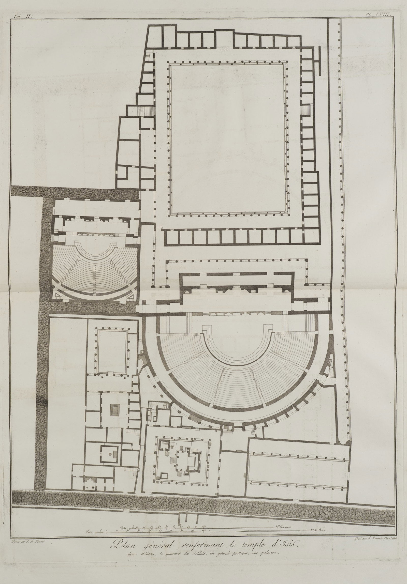 F. PIRANESI (*1758) after PIRANESI (*1720), Floor plan of the Temple of Isis, 1805, Etching: Francesco Piranesi (1758 Rom - 1810 Paris) after Giovanni Battista Piranesi (1720 - 1778 ): Ground plan of the Temple of Isis General plan with Temple of Isis, two theatres, soldiers' quarters, portic