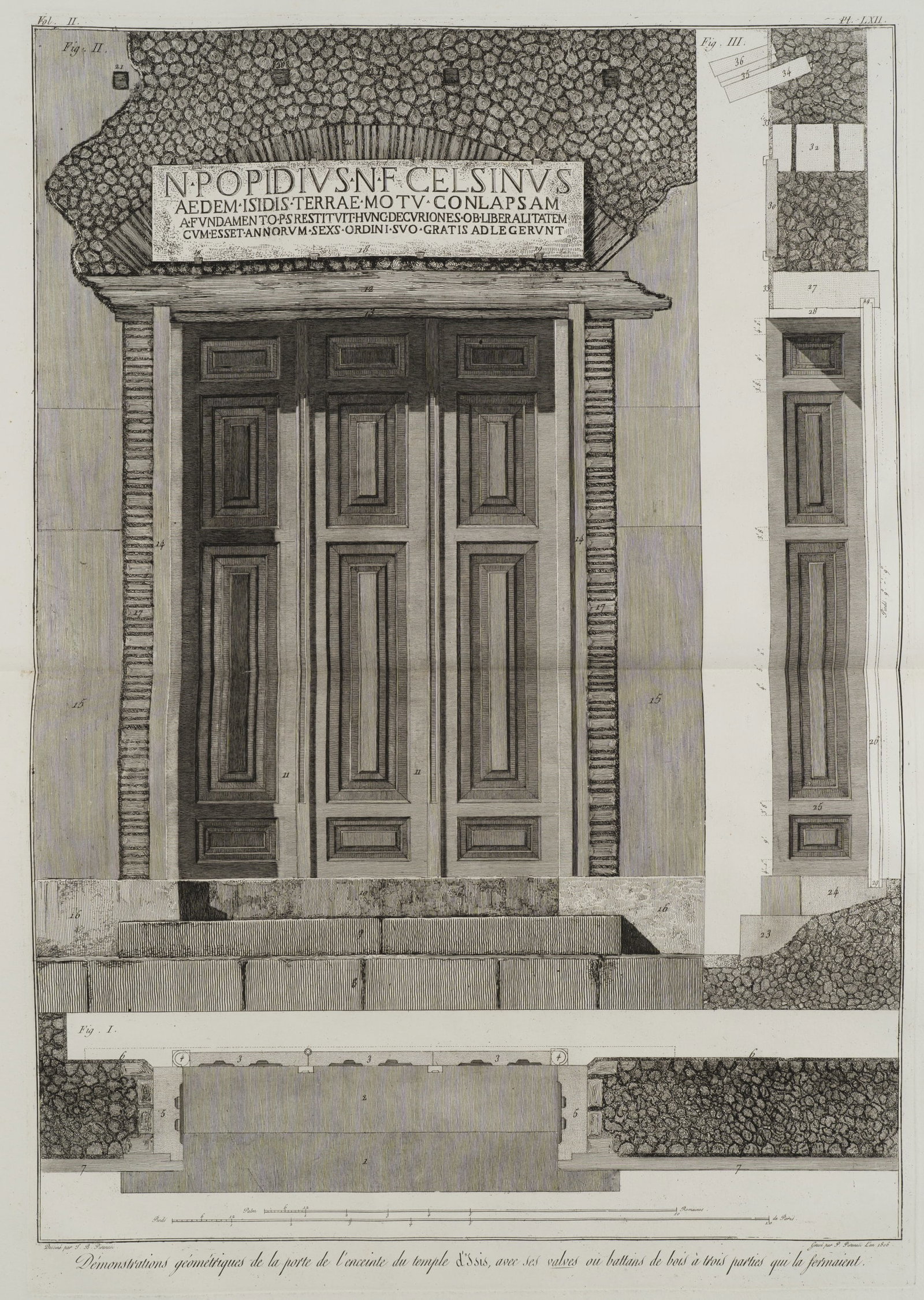 F. PIRANESI (*1758) after PIRANESI (*1720), Portal of the Temple of Isis, 1806, Etching: Francesco Piranesi (1758 Rom - 1810 Paris) after Giovanni Battista Piranesi (1720 - 1778 ): Temple portal of the Temple of Isis Archaeological panel with portal, side view and floor plan of the Temple