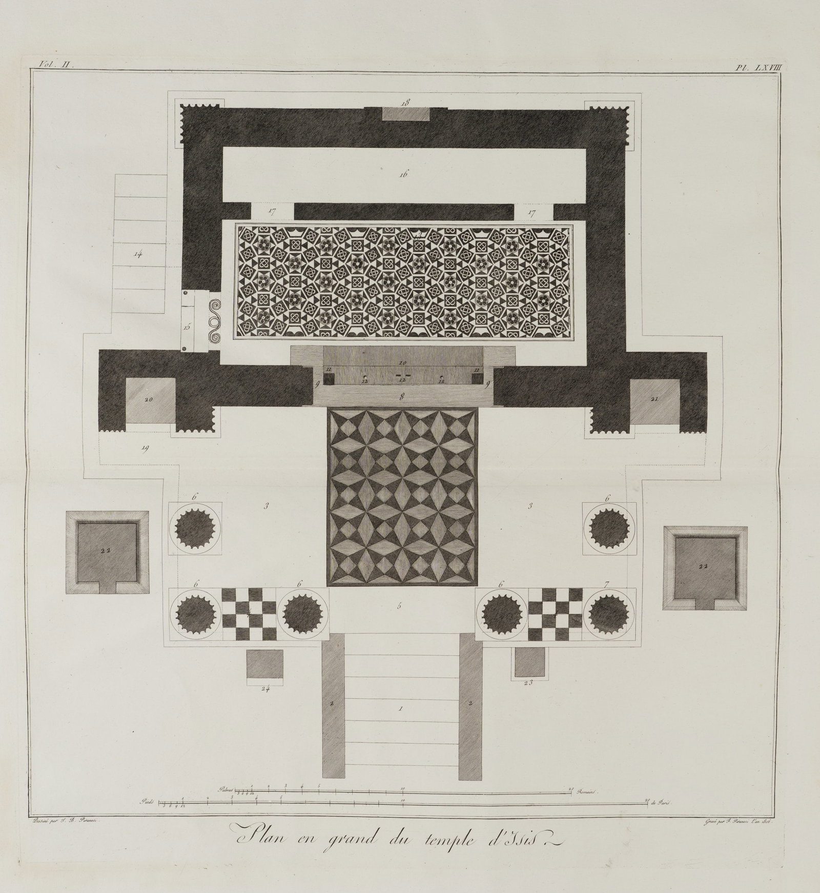 F. PIRANESI (*1758) after PIRANESI (*1720), Floor plan of the Temple of Isis, 1806, Etching: Francesco Piranesi (1758 Rom - 1810 Paris) after Giovanni Battista Piranesi (1720 - 1778 ): Floor plan of the Temple of Isis Archaeological ground plan of the Temple of Isis with dimensions and orname