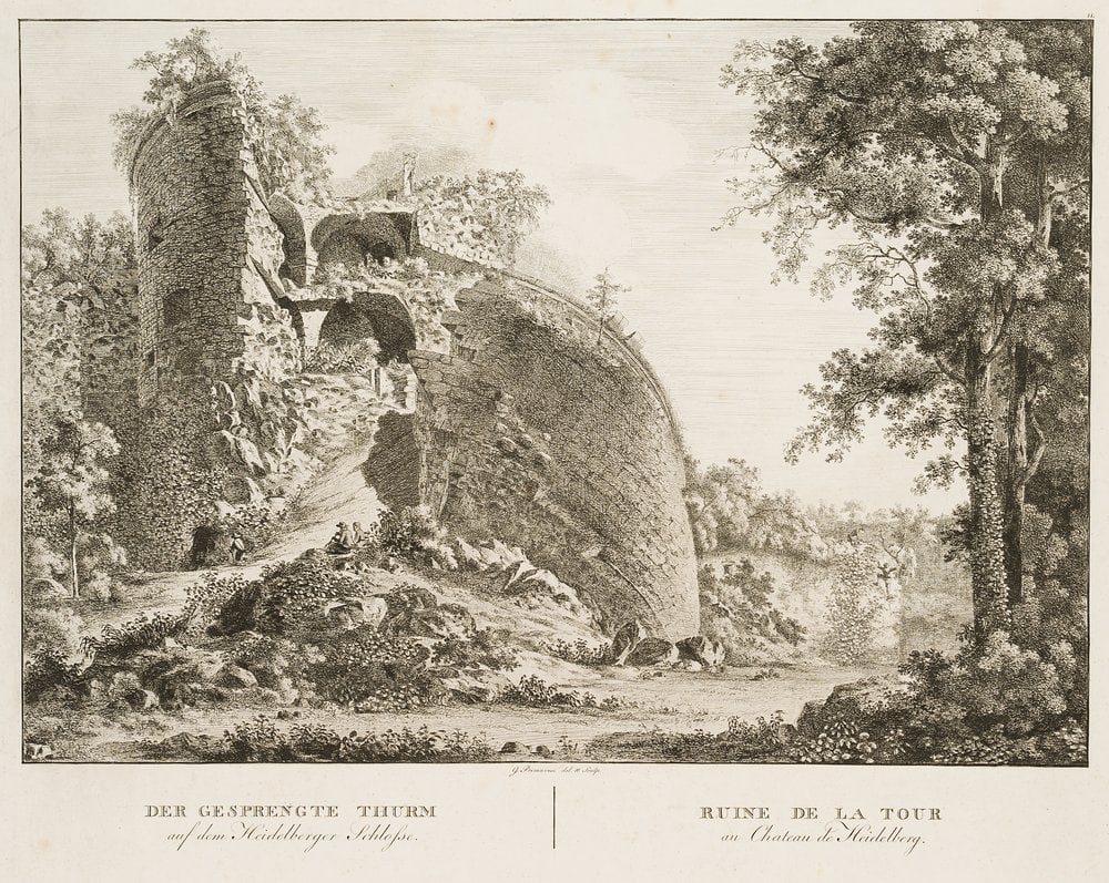 G. PRIMAVESI (*1774), The Blasted Tower, Heidelberg Castle, Lithography: Georg Primavesi (1774 Heidelberg - 1855 Kassel): The blasted tower at Heidelberg Castle, ruins of a fortification tower, 19th century, Lithography Technique: Lithography on Paper Inscription: Signed i