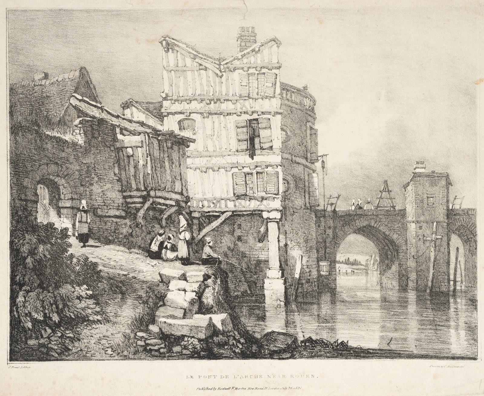 C. HULLMANDEL (*1788) after PROUT (*1783), Pont-de-l'Arche near Rouen, 1827, Lithography: Charles Joseph Hullmandel (around 1788 London - 1850 ibid.) after Samuel Prout (1783 Plymouth - 1852 Camberwell): Pont-de-l'Arche near Rouen Historical depiction of the bridge near Rouen with half-tim