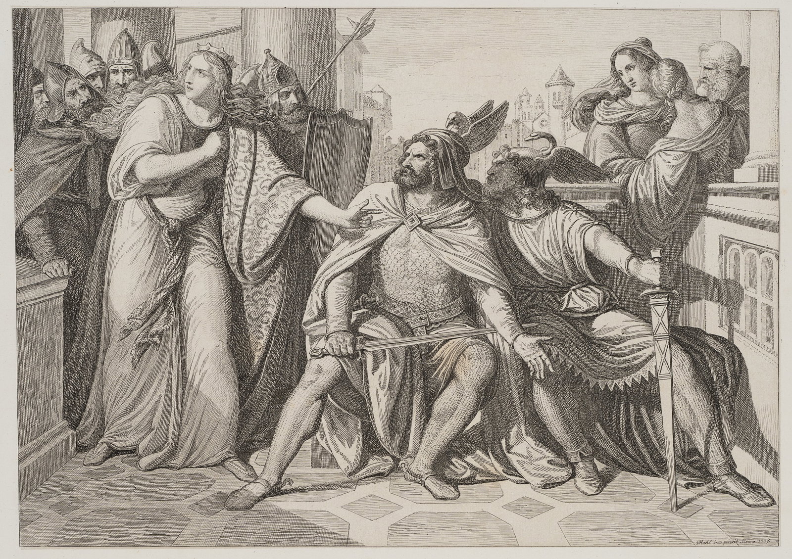 C. RAHL (1779-1843), The Nibelungen. Hagen confesses to the murder of Siegfried, 1837, Etching: Carl Heinrich Rahl sen. (1779 Hoffenheim at Sinzheim - 1843 Vienna): Scene from the Nibelung saga Hagen confesses the murder of Siegfried to Queen Krimhilde, 1837, Etching Technique: Etching on Paper 