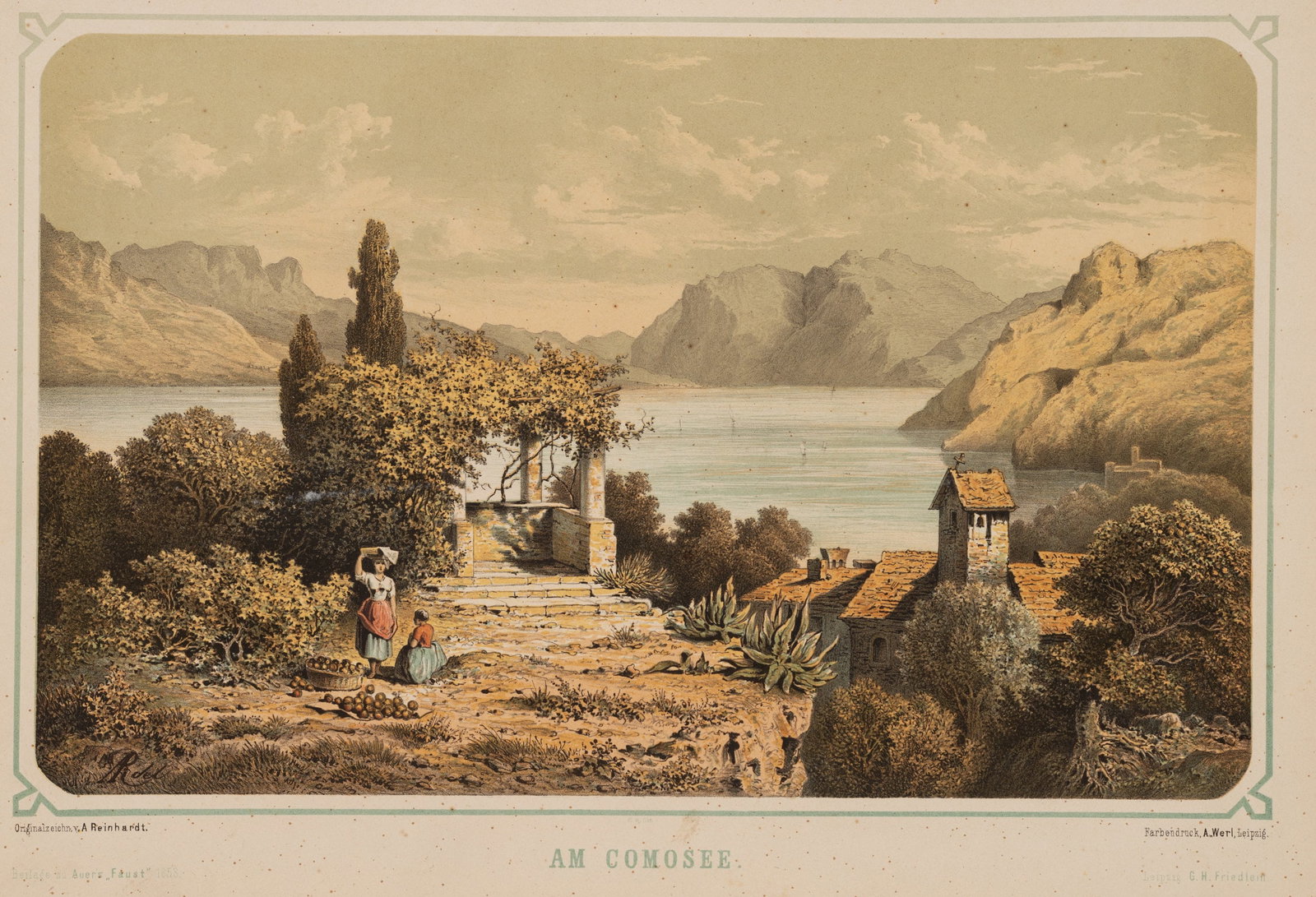 A. REINHARDT (*1831), On Lake Como in northern Italy, around 1850, Colour lithography: August Reinhardt (1831 Leipzig - 1915 Dresden): Women in traditional Italian costume at an arbour on Lake Como in northern Italy, c. 1850, Colour lithography Technique: Colour lithography on Paper Ins