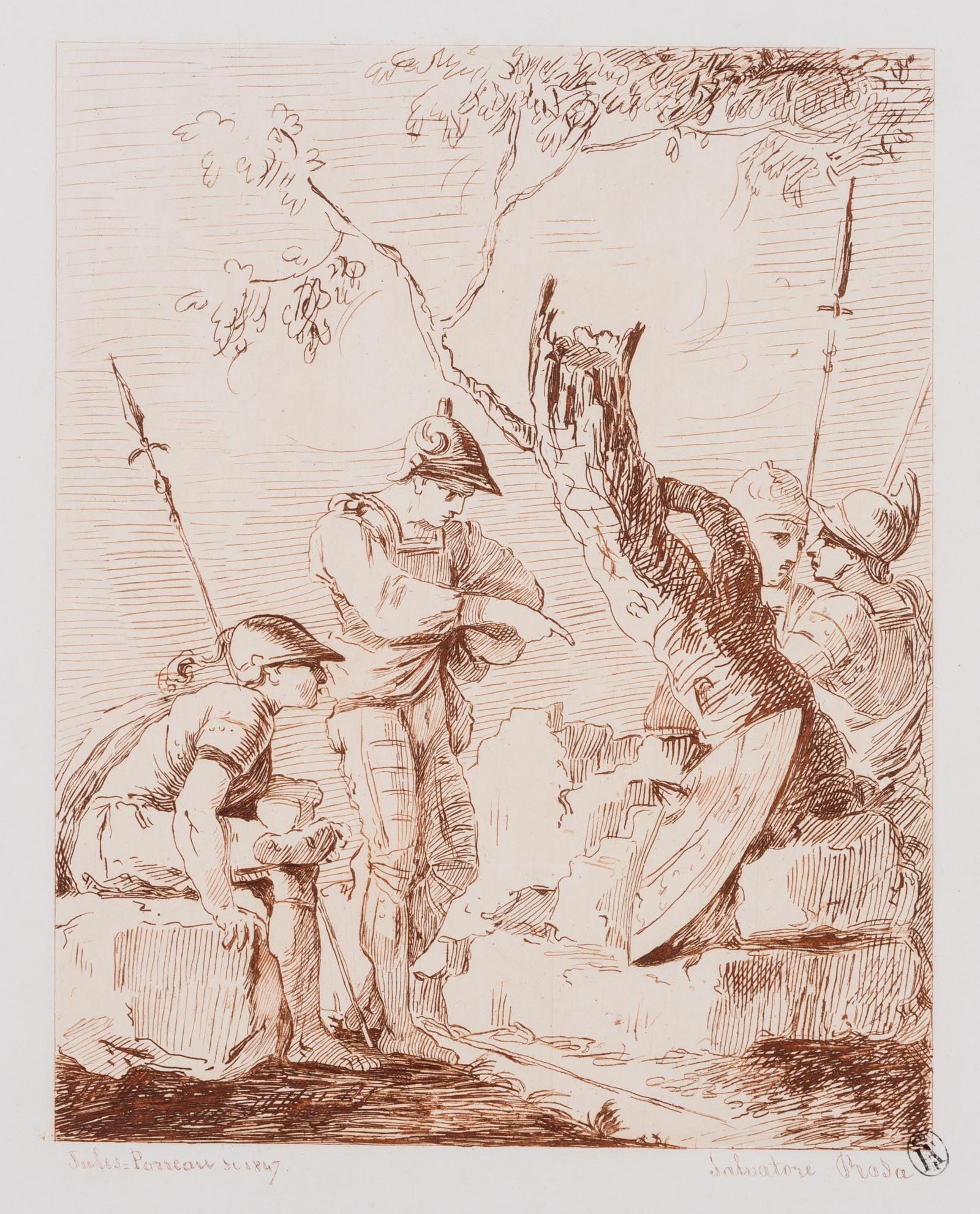 J. PORREAU (19th) after ROSA (*1615), Soldiers by a tree stump, 1847, Etching: Jules Porreau (19th century) after Salvator Rosa (1615 Naples - 1673 Rom): Soldiers resting on a tree stump, 1847, Etching Technique: Etching on Paper Stamp: Lower right Collector's stamp, Lugt no.: 9