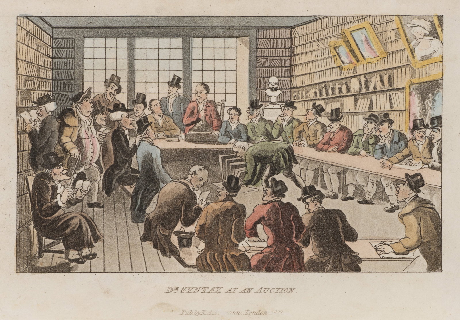 T. ROWLANDSON (*1756), Dr Syntax at an auction, 1823, Aquatint: Thomas Rowlandson (1756 - 1827 ): Dr Syntax at an auction Dr Syntax in a crowded auction room with books, pictures and bidders, 1823, Aquatint Technique: Hand colored Aquatint on Paper Impression Qual