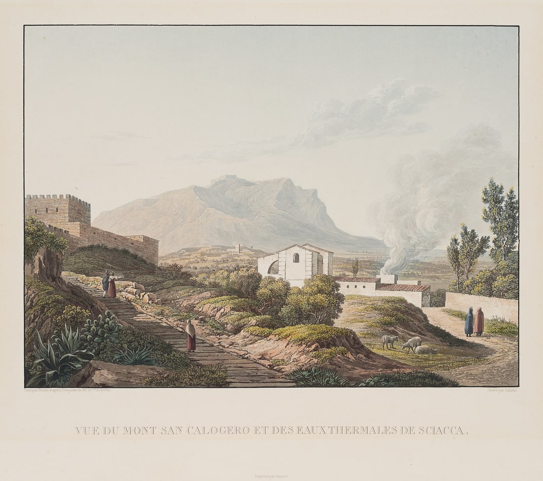 F. SALATHÉ (1793-1858), The thermal baths of Sciacca, around 1830, Aquatint: Friedrich Salathé (1793 Binningen near Basel - 1858 Paris): View of San Calogero and the thermal baths of Sciacca, c. 1830, Aquatint Technique: Hand colored Aquatint on Paper Inscription: At the 