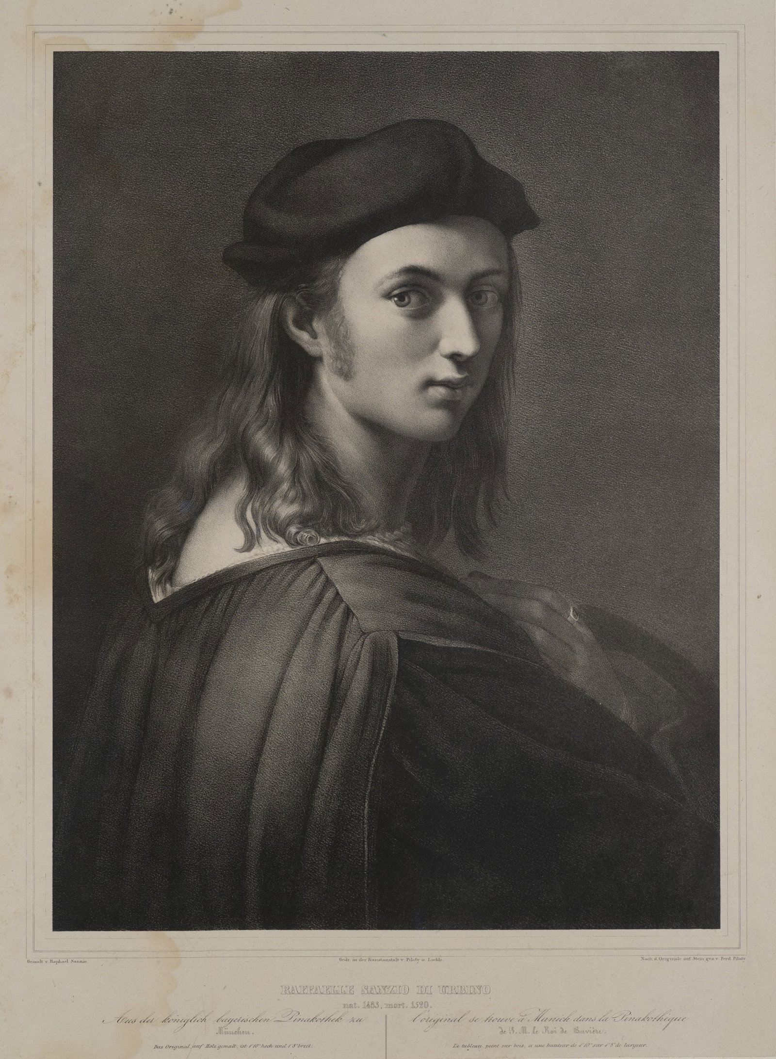 F. PILOTY (*1786) after RAFFAEL (*1483), Portrait of Bindo Altoviti / Raphael, Lithography: Ferdinand Piloty sen. (1786 Homburg - 1844 Munich) after Raffael: Raffaello Sanzio da Urbino (1483 Urbino - 1520 Rom): Portrait of Bindo Altoviti, formerly interpreted as a self-portrait by Raphael, 1