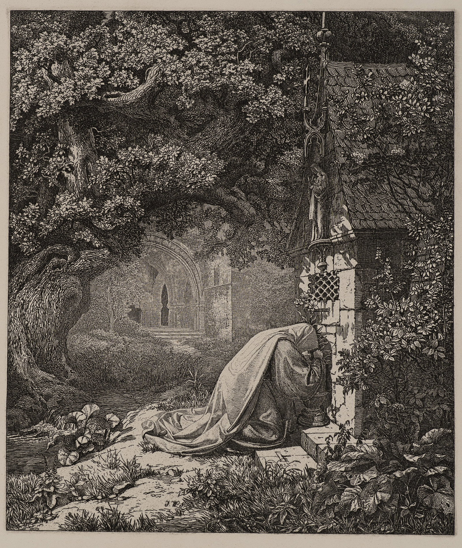 J. SCHIRMER (1807-1863), A nun praying at the shrine, Etching: Johann Wilhelm Schirmer (1807 Jülich - 1863 Karlsruhe): Praying nun at the shrine Devout figure in front of a Gothic ruin in the forest, 19th century, Etching Technique: Etching on China paper, r
