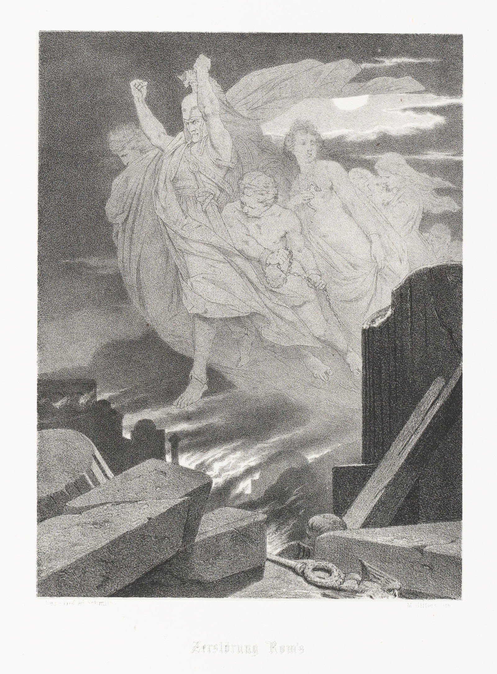 M. ULFFERS (*1819) after SCHMITZ (*1825), The Destruction of Rome, Lithography: Moritz Ulffers (1819 Hamburg - 1902 Düsseldorf) after Adolf Schmitz (1825 - 1894 ): Epic depiction of the fall and rebirth of Rome, 19th century, Lithography Technique: Lithography on China paper