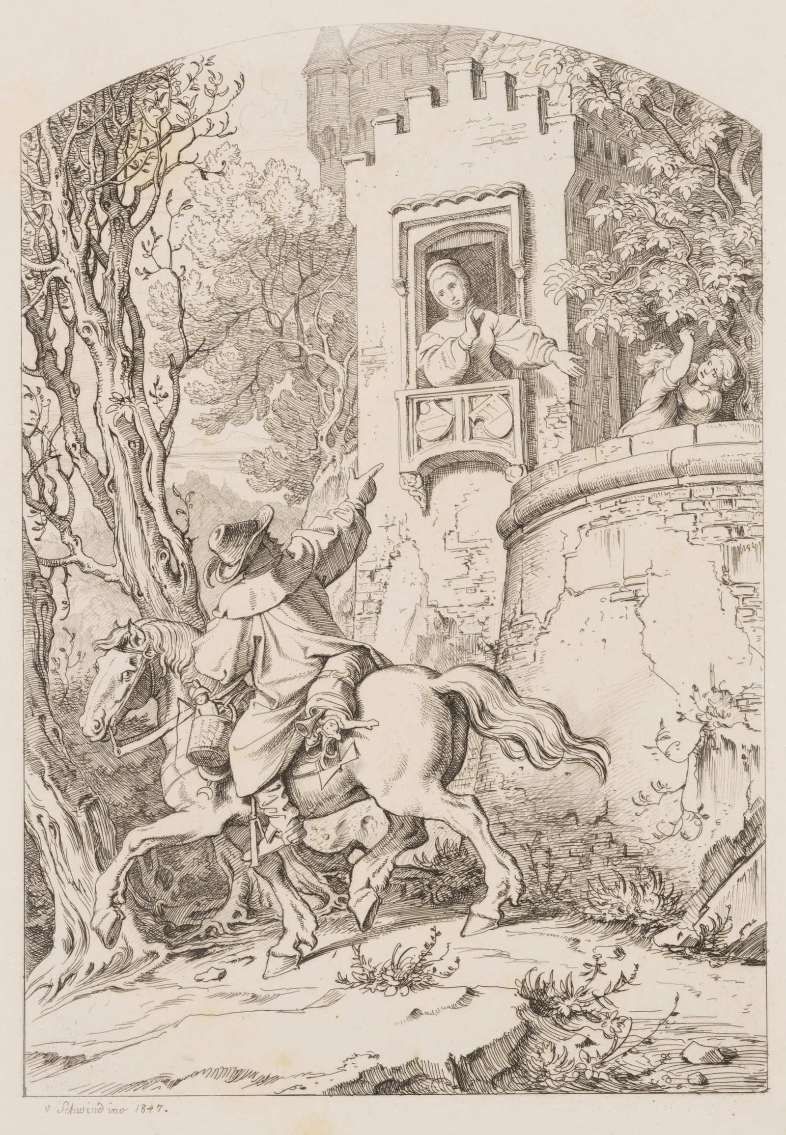 E. NEUREUTHER (*1806) after SCHWIND (*1804), Illustration for *Vom Reitersmann*, Etching: Eugen Napoleon Neureuther (1806 Munich - 1882 ibid.) after Moritz von Schwind (1804 Vienna - 1871 Munich): Illustration for "Vom Reitersmann" from Georg Scherer's "Old and new children's songs", 19th 