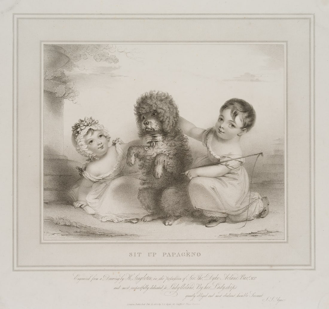 J. AGAR (*1773) after SINGLETON (*1766), Sit up, Papagèno, little dog, 1825, Crayon manner: John Samuel Agar (1773 - 1858 ) after Henry Singleton (1766 - 1839 ): Sit up, Papagèno, little dog, 1825, Crayon manner Technique: Crayon manner on Laid paper Date: 1825 Description: Im Rahmen un