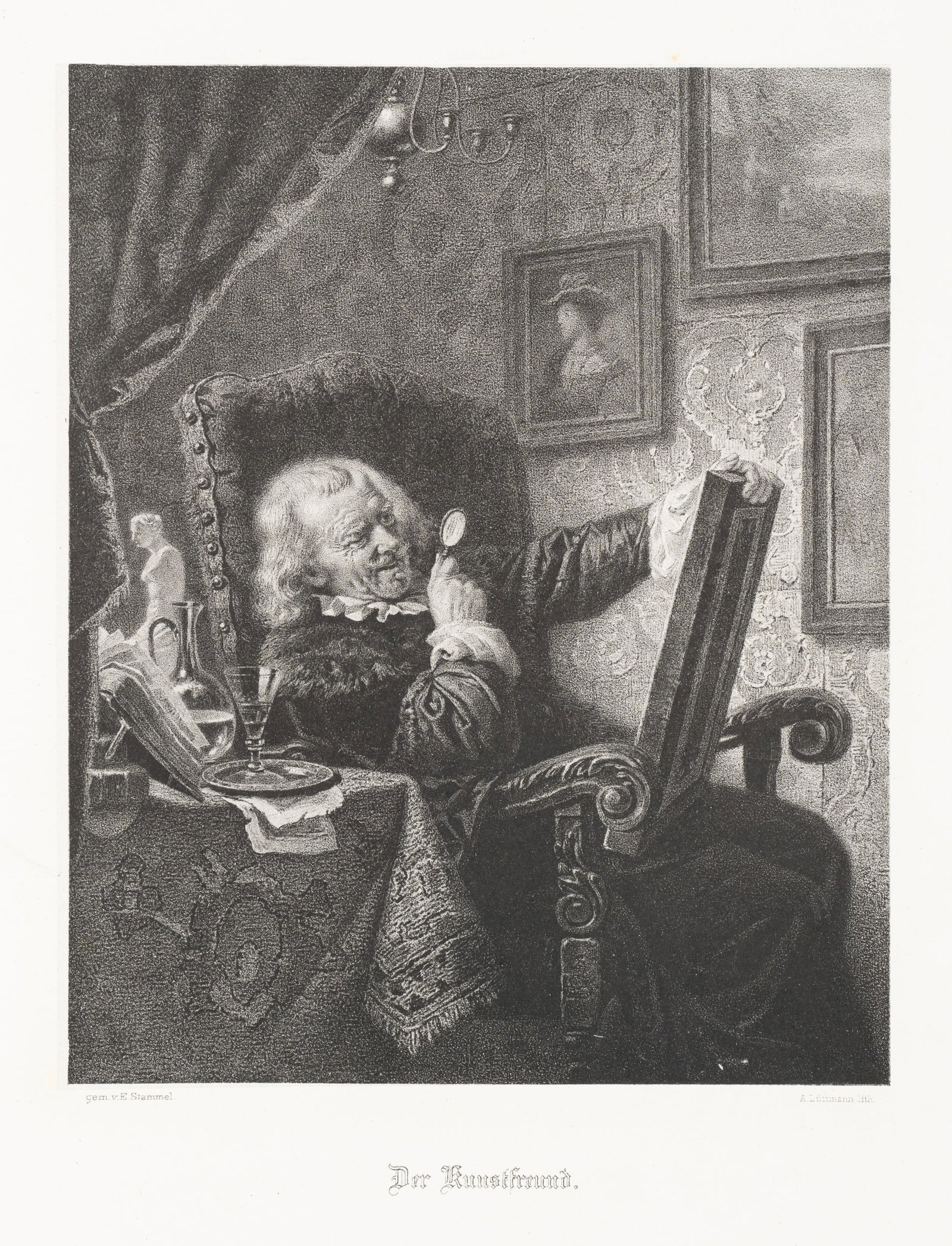 A. LÜTTMANN (*1830) after STAMMEL (*1833), The Art Lover, Steel engraving: August Lüttmann (around 1830 Hamburg - 1882 Düsseldorf) after Eberhard Stammel (1833 Düren - 1906 Düsseldorf): The art lover: A contemplation on art and knowledge, 19th century, St