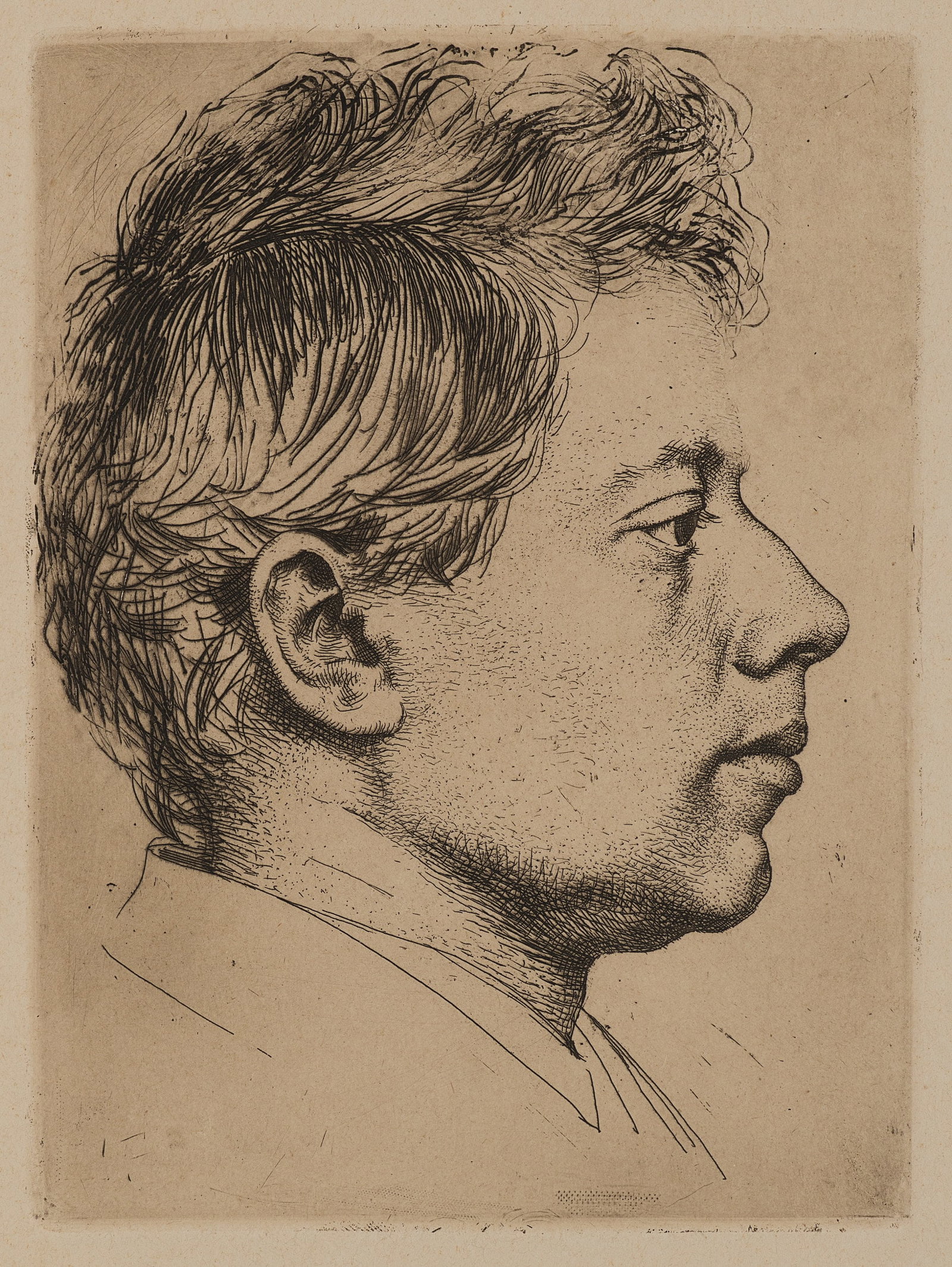 K. STAUFFER-BERN (*1857), Peter Halm. Profile portrait. Trial proof, 1887, Drypoint etching: Karl Stauffer-Bern (1857 Trubschachen - 1891 Florence): Peter Halm Portrait in profile Trial proof Detailed profile portrait of the artist friend in a suit, 1887, Drypoint etching Technique: Drypoint 