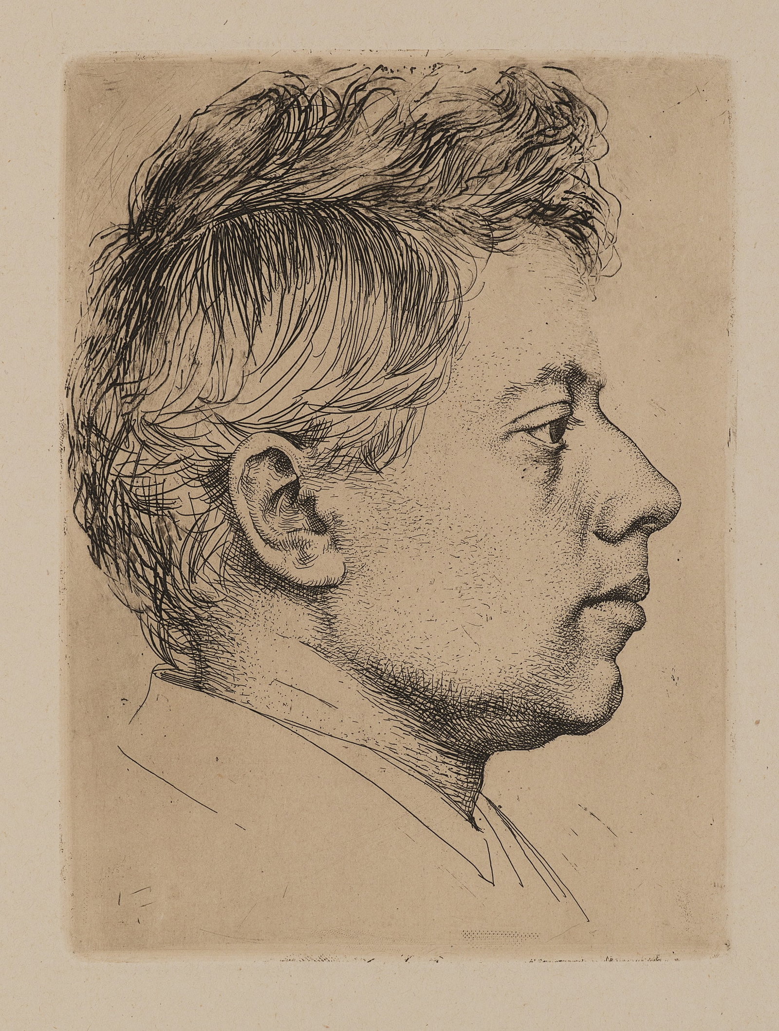 K. STAUFFER-BERN (*1857), Peter Halm. Profile portrait. Trial proof 2, 1887, Drypoint etching: Karl Stauffer-Bern (1857 Trubschachen - 1891 Florence): Peter Halm Portrait in profile Trial proof 2 detailed profile portrait of the artist friend in a suit, 1887, Drypoint etching Technique: Drypoin