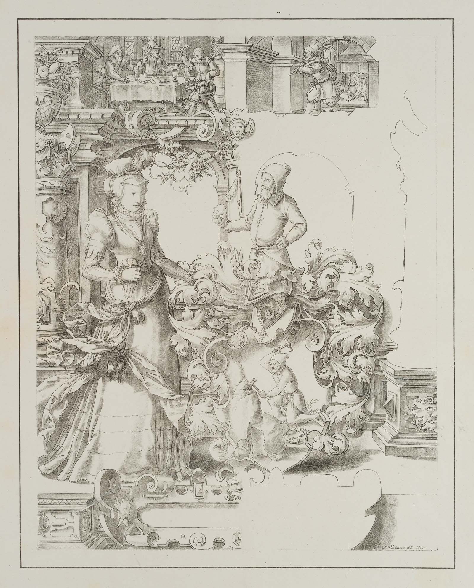 J. STRIXNER (1782-1855), A crack in the pane, a lady and a miner, 1813, Lithography: Johann Nepomuk Franz Xaver Strixner (1782 Altötting - 1855 Munich): Arabesque, lithograph incunabulum, 1813, Lithography Technique: Lithography on Paper Watermark: Partially visible. Letters/Digi