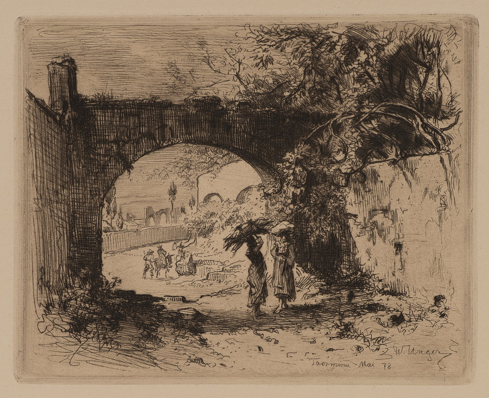 W. UNGER (1837-1932), Water pipe. Aqueduct in Taormina, 1878, Drypoint etching (1 of 5)