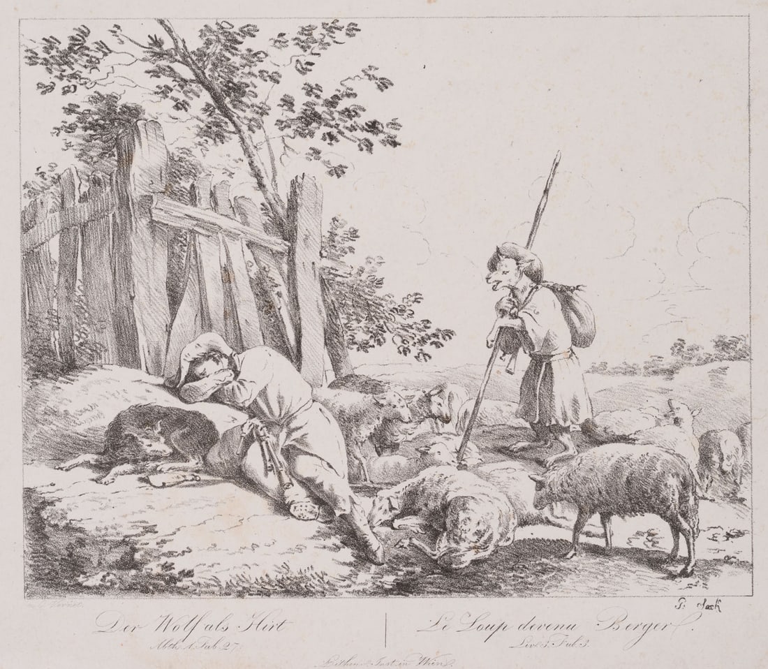 P. SACK (19th) after VERNET (*1714), The Wolf as Shepherd, Lithography (1 of 4)