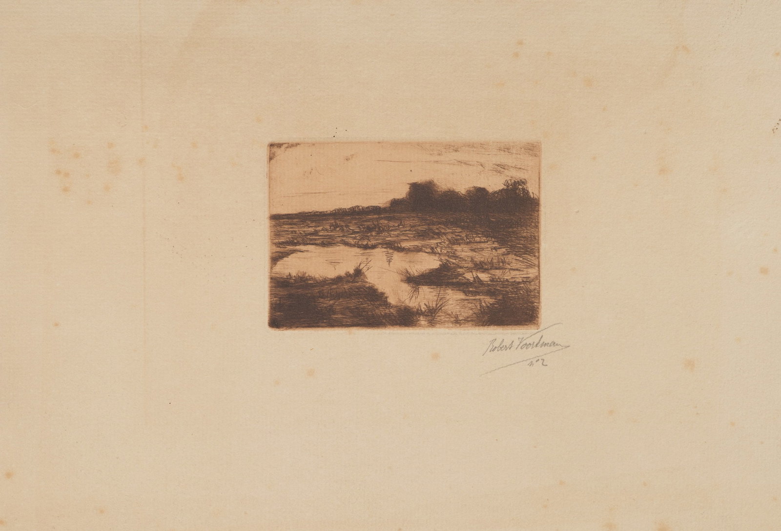 R. VOORTMAN (19,20th), Moorland with pools of water, 1897, Etching: Robert Voortman (19./20. century): Moorland landscape with water areas Moorland or meadow landscape with water areas and group of trees, 1897, Etching Technique: Etching on Paper Impression Quality: P