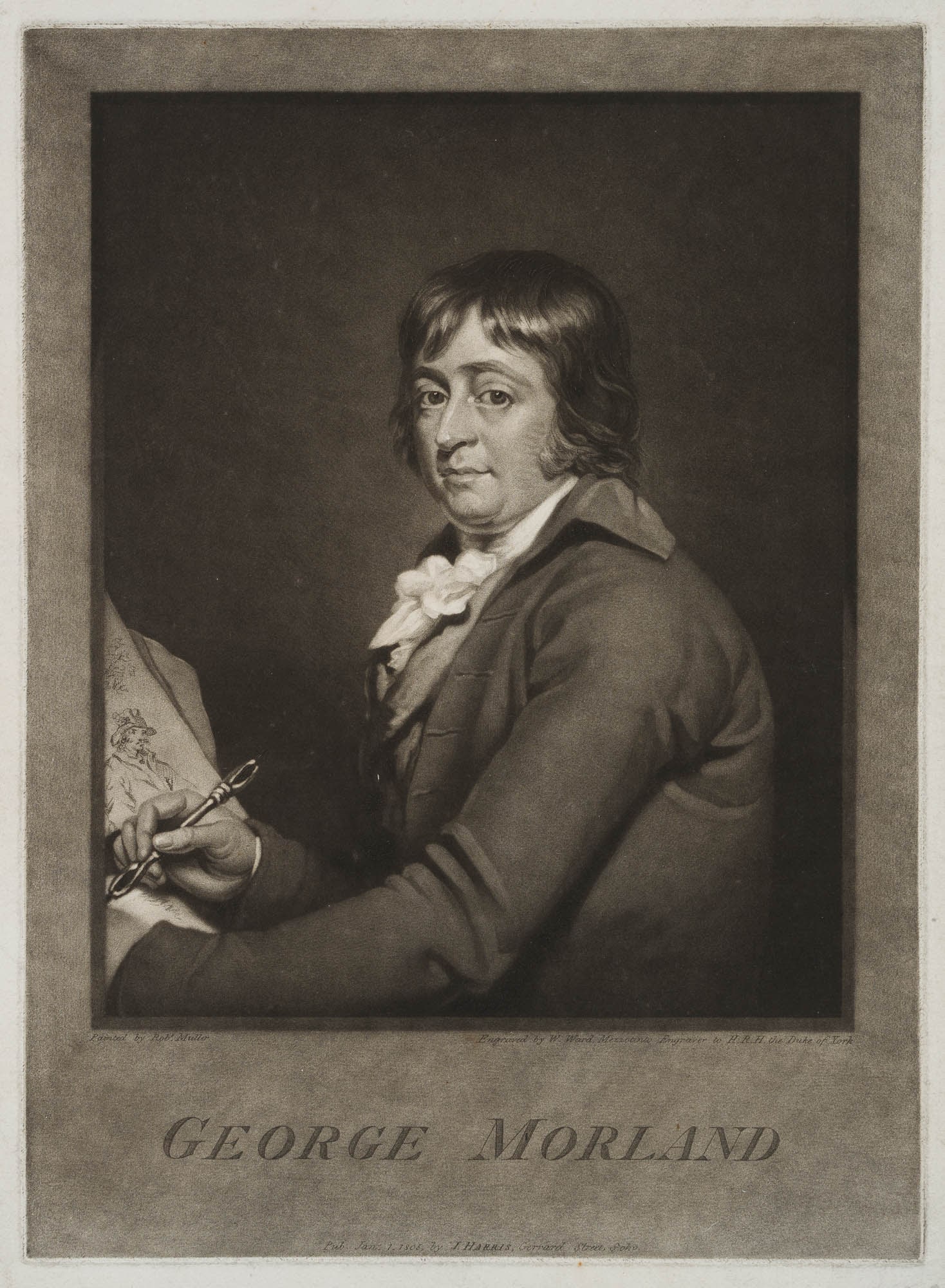 W. WARD (1766-1826), The painter George MORLAND, 1805, Mezzotint: William Ward (1766 London - 1826 ibid.): The painter George MORLAND, artist's portrait, 1805, Mezzotint Technique: Mezzotint on Paper Date: 1805 Description: Large and impressive artist's rendering. G