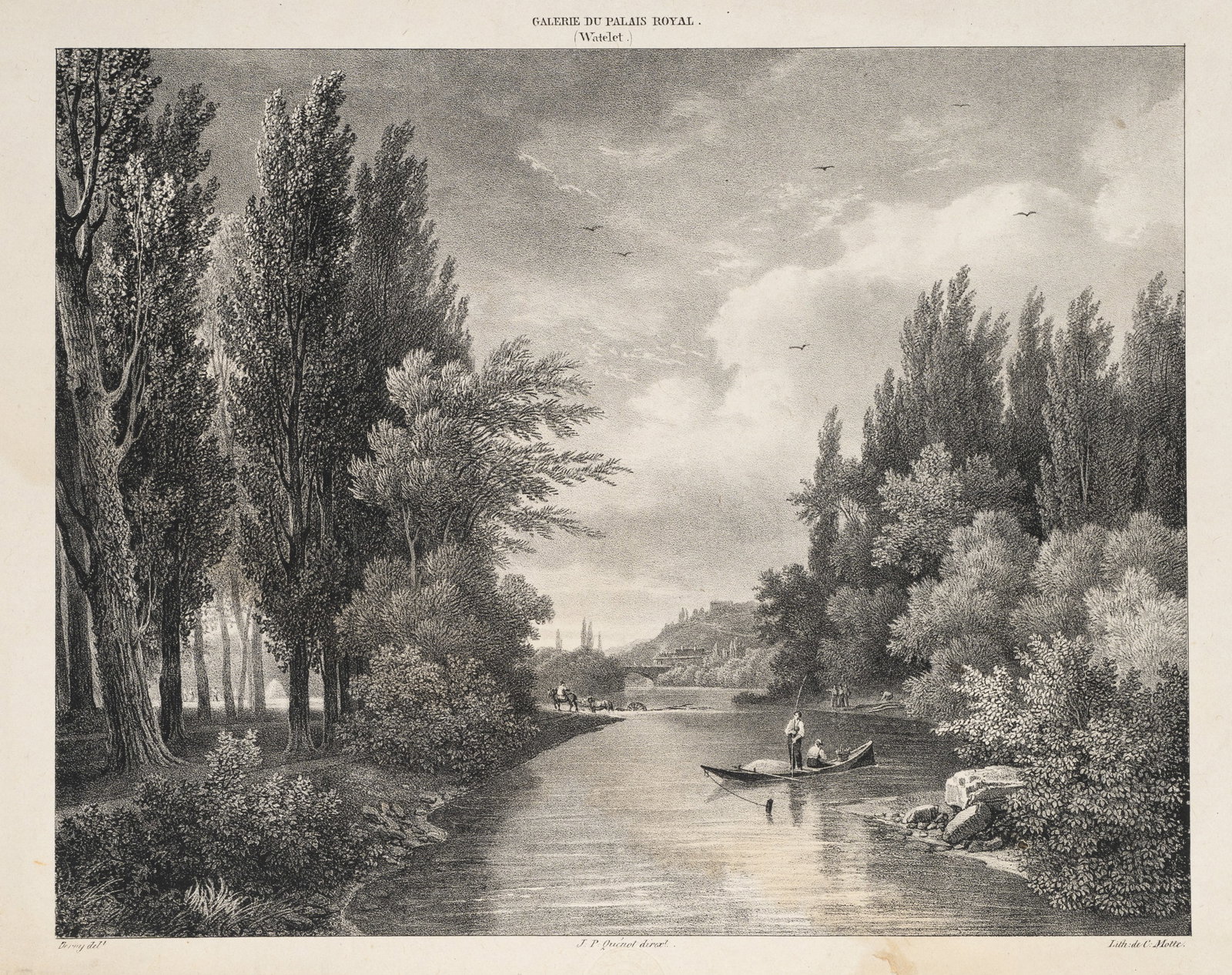 I. DEROY (*1797) after WATELET (*1780), River landscape near Neuilly-sur-Seine, around 1825, Lithogr (1 of 5)