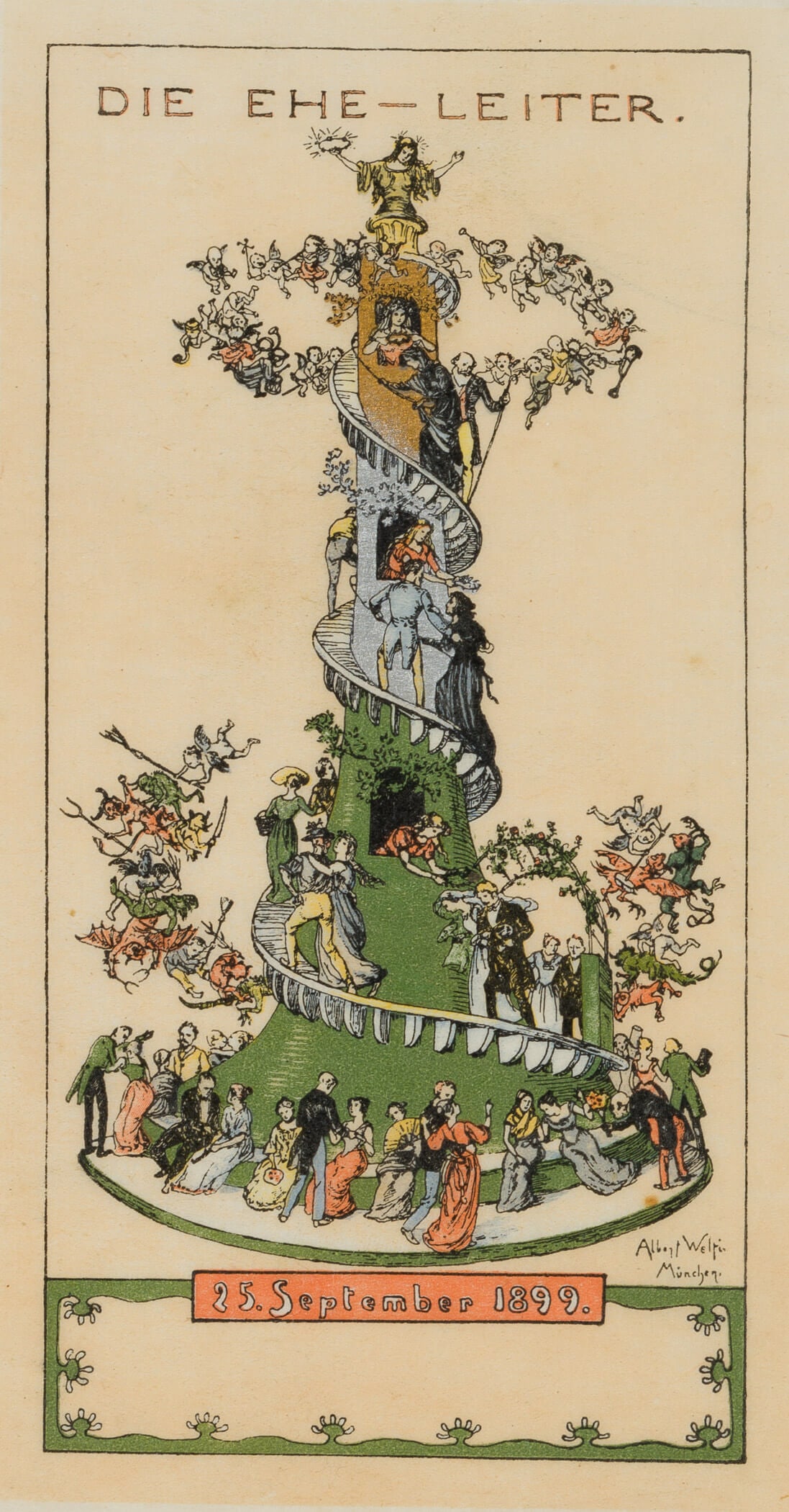 A. WELTI (1862-1912), The Marriage Leaders. Place card, 1899, Woodcut: Albert Welti (1862 - 1912 ): The Marriage Ladder 25 September 1899 place card, 1899, Woodcut Technique: Woodcut and Etching on Japanese paper Inscription: Signed lower right in the picture, inscribed 