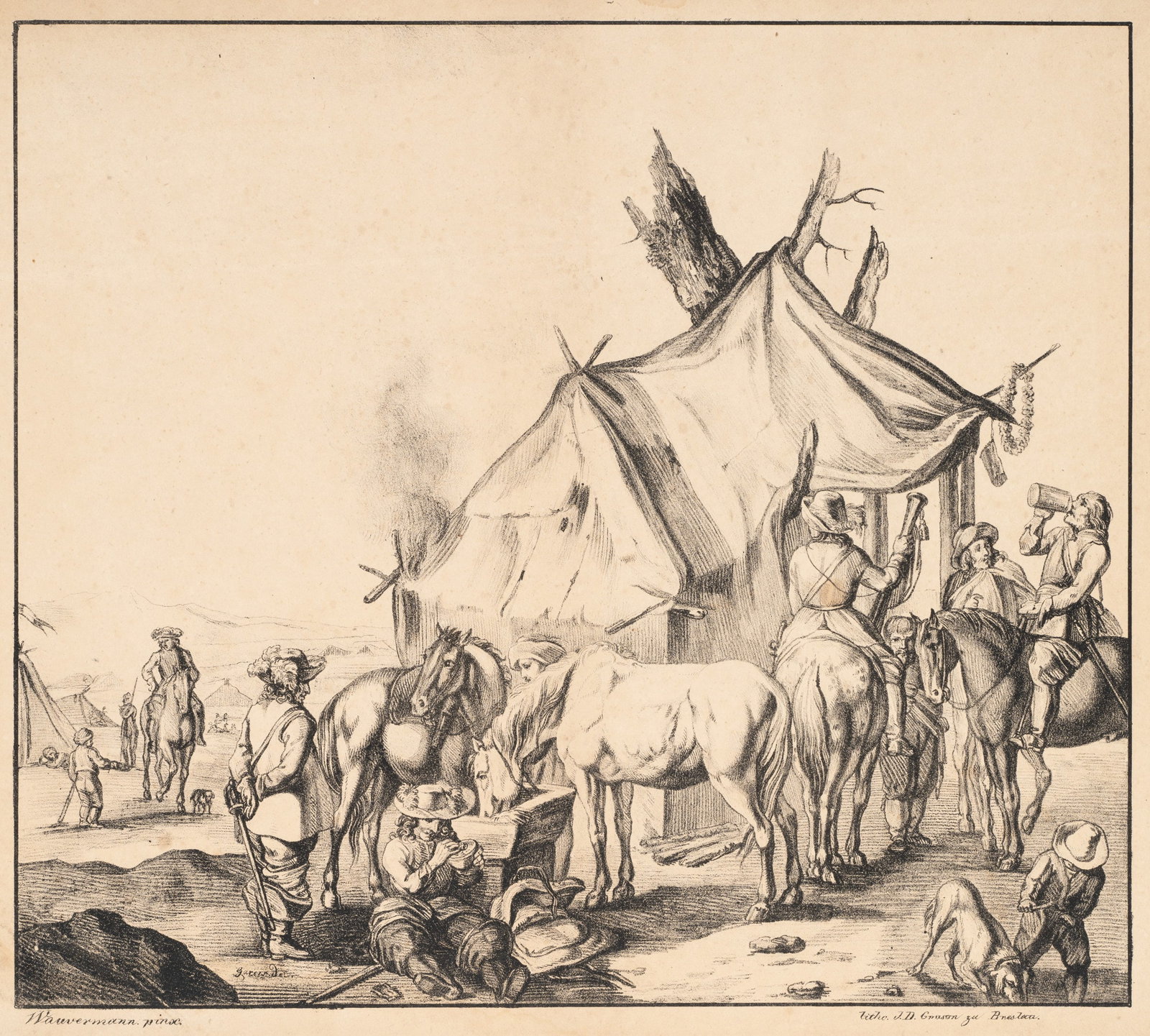 A. GAREIS (*1837) after WOUWERMAN (*1619), Field camp with soldiers, Lithography (1 of 5)