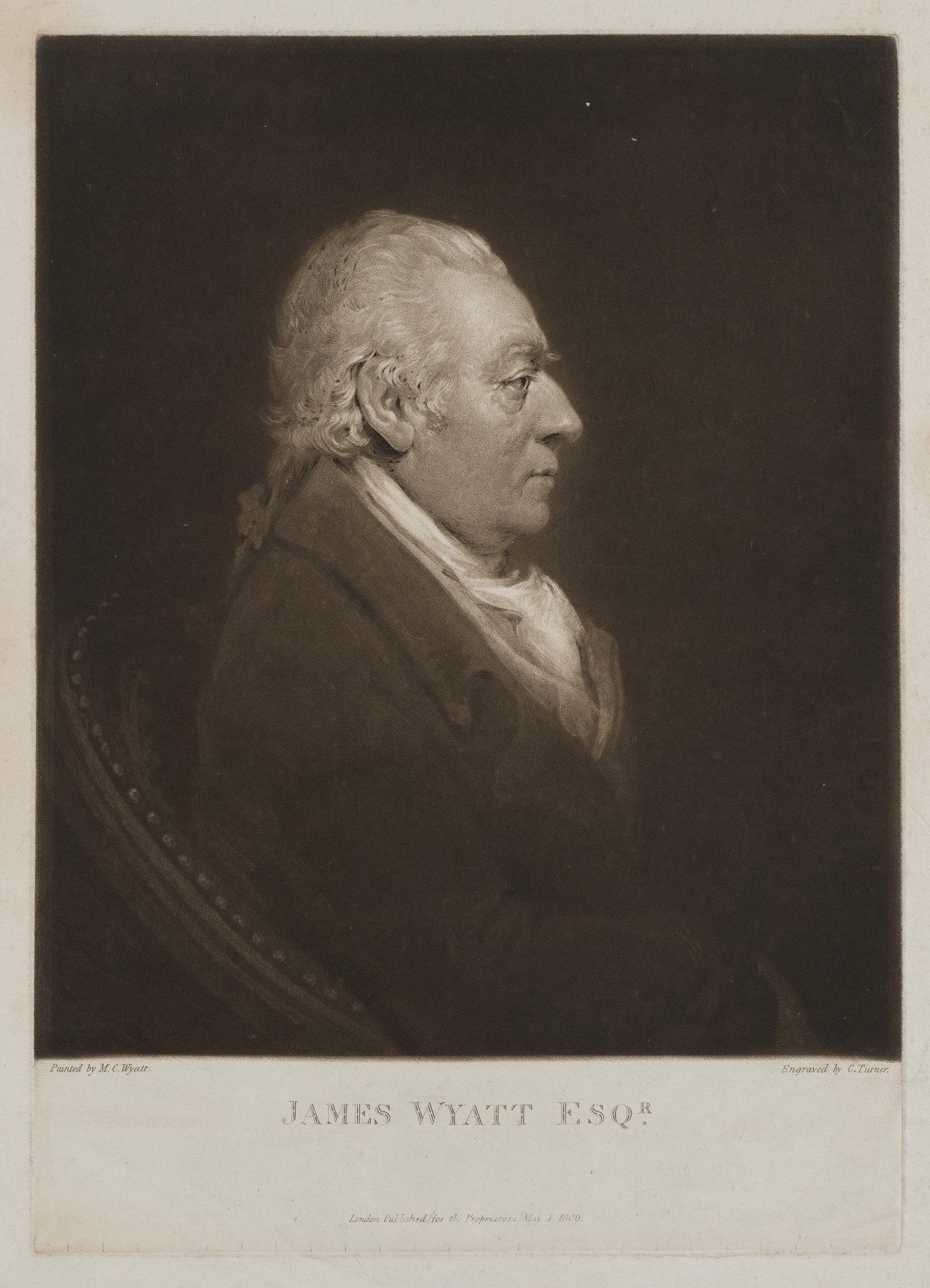 C. TURNER (*1773) after WYATT (*1777), James Wyatt, Esq, 1809, Mezzotint: Charles Turner (1773 Woodstock, Oxfordshire - 1857 London) after Matthew Cotes Wyatt (1777 London - 1862 ibid.): Portrait of the architect James Wyatt (1746-1813), 1809, Mezzotint Technique: Mezzotint