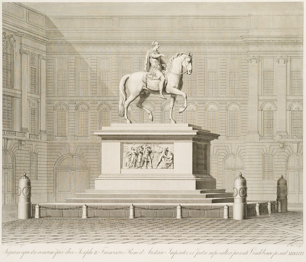 J. MERZ (*1783) after ZAUNER (*1746), Equestrian statue of Emperor Joseph II, 1806, Copper engravin: Jakob Merz (1783 Book - 1807 Vienna) after Franz Anton von Zauner (1746 Lower valley man - 1822 Vienna): Design of the equestrian statue for Emperor Joseph II of Habsburg, 1806, Copper engraving Techn