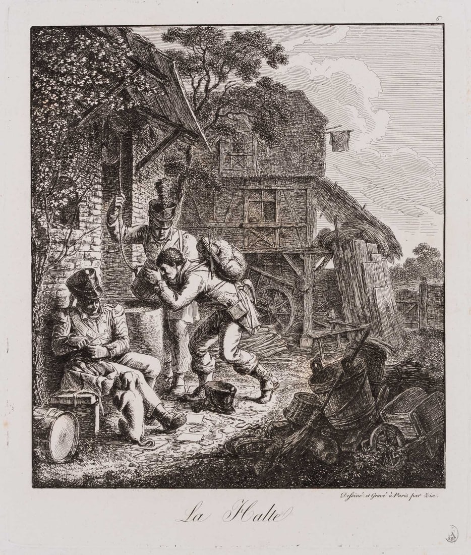 B. ZIX (1772-1811), Rest during the march, Napoleon, around 1810, Etching: Benjamin Zix (1772 Strasbourg - 1811 Perugia): Marching break, Resting soldiers, Napoleonic wars, c. 1810, Etching Technique: Etching on Paper Stamp: Collector's stamp, Lugt no.: 971. Friedrich August