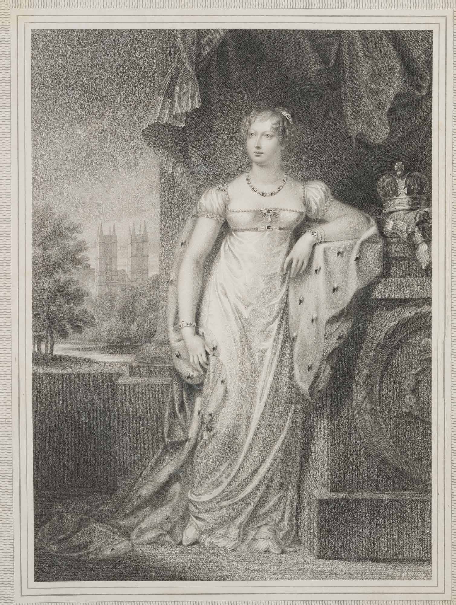 Unknown (19th), Charlotte Augusta of Wales, Crayon manner: Unknown (19th century): Charlotte Augusta of Wales ( 1796 London - 1817 Surrey), Princess of the House of Hanover, leaning against a pedestal on which lies a crown, 19th century, Crayon manner Techniq
