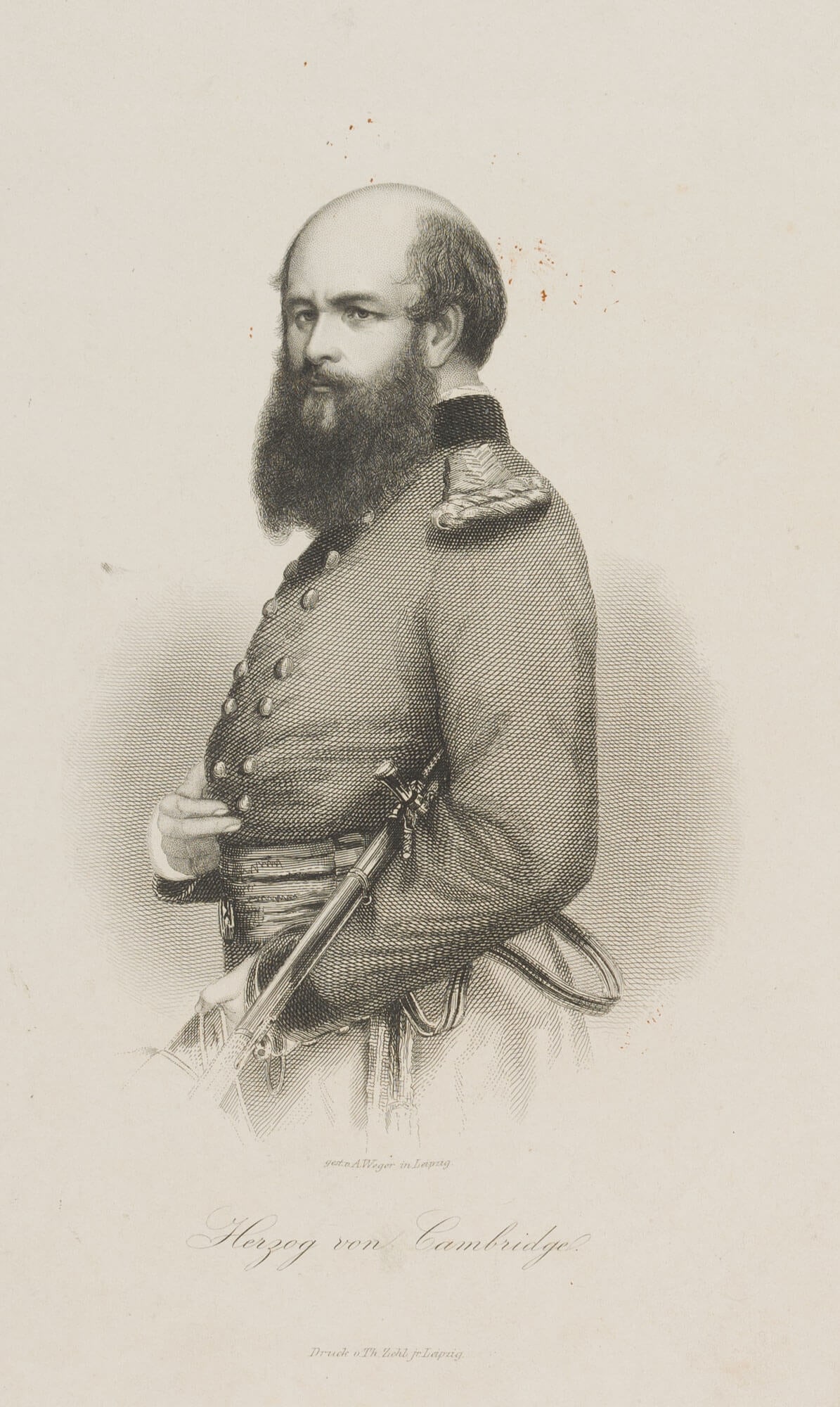 A. WEGER (*1823) after Unknown (19th), Duke of Cambridge, around 1850, Etching: August Weger (1823 Nuremberg - 1892 Leipzig) after Unknown (19th century): Duke of Cambridge, c. 1850, Etching Technique: Etching on Paper Inscription: Lower middle signed in the printing plate: "gest