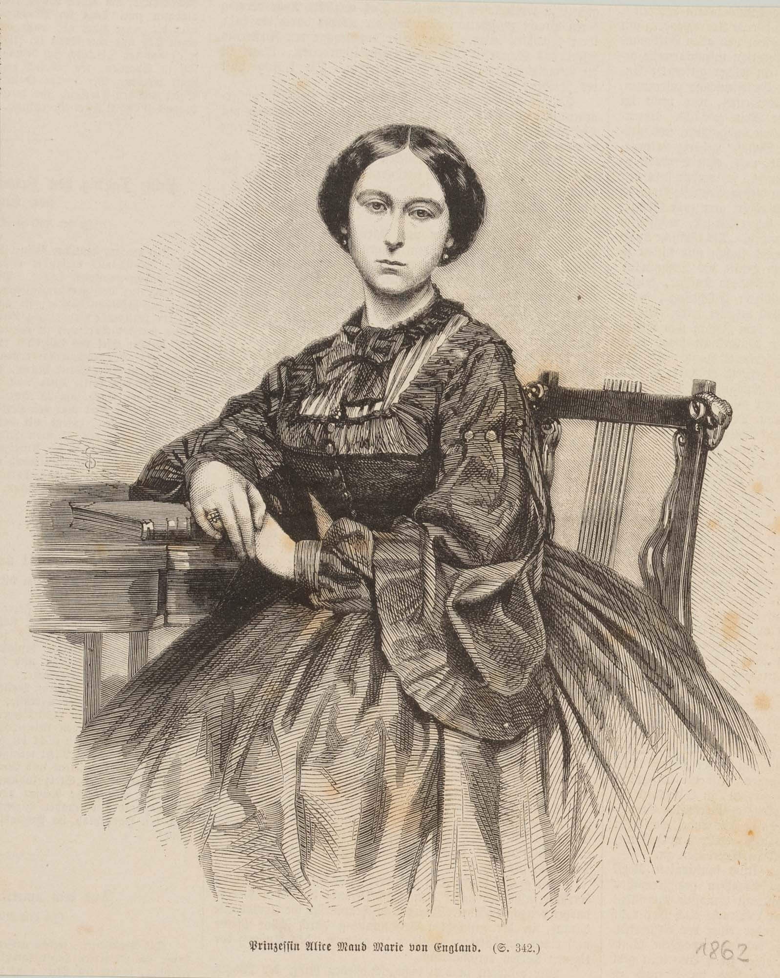 Unknown (19th), Princess Alice of England, 1863, Wood engraving: Unknown (19th century): Princess Alice Maud Marie of England, 1863, Wood engraving Technique: Wood engraving on Paper Date: 1863 Description: Portrait of Princess Alice en face. Person: Princess Ali