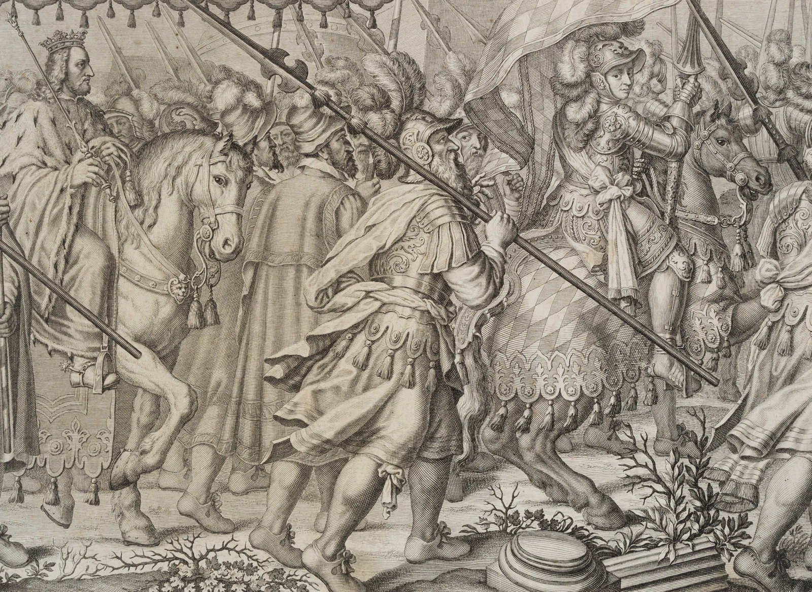 Unknown (19th), Military procession with the King, Copper engraving (1 of 4)