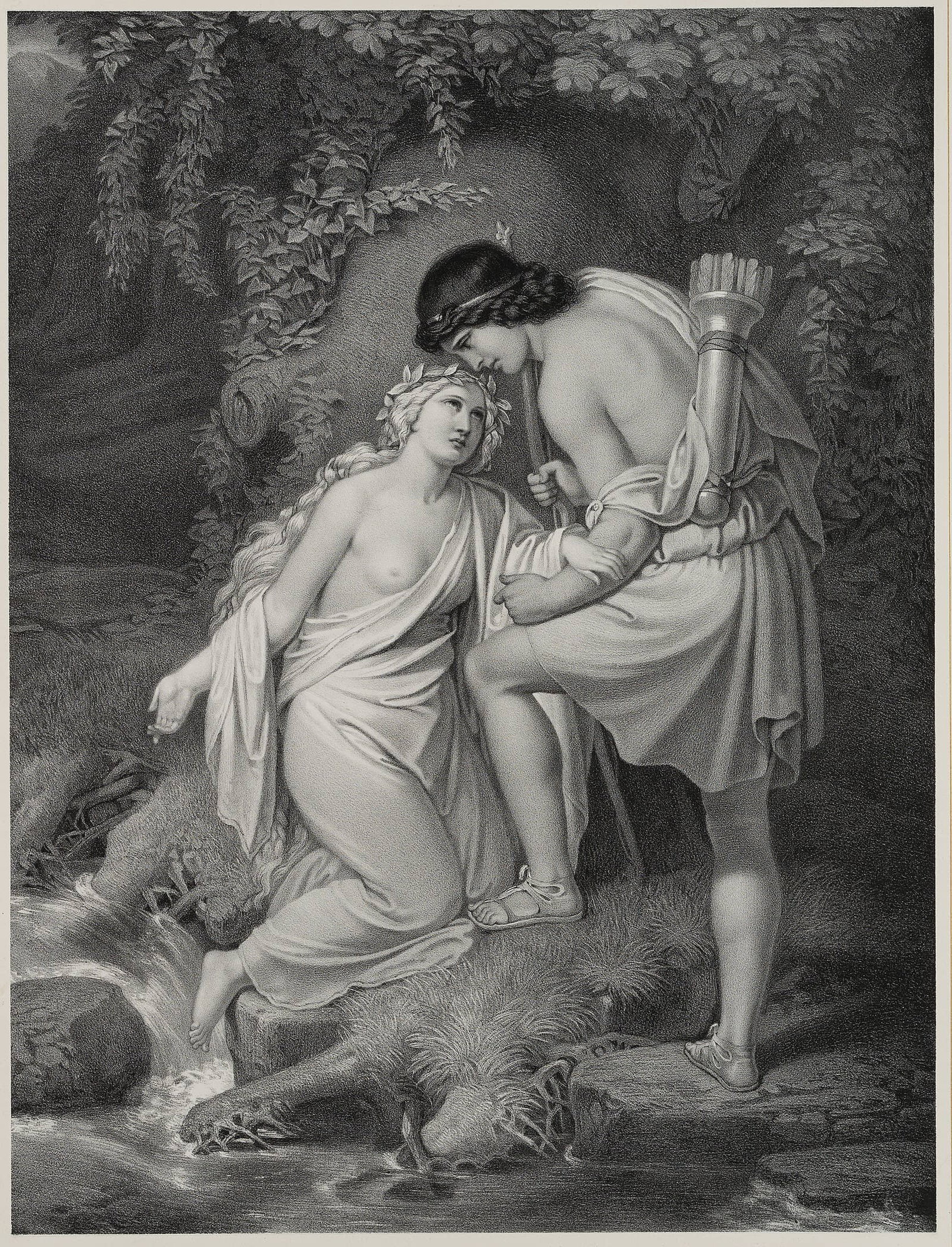 After Unknown (19th), Prosopelea and Arkas, around 1850, Lithography: After Unknown (19th century): Prosopelea begs Arkas to protect her tree against a forest stream, c. 1850, Lithography Technique: Lithography on China paper, rolled-on on Paper Catalogue Raisonné:
