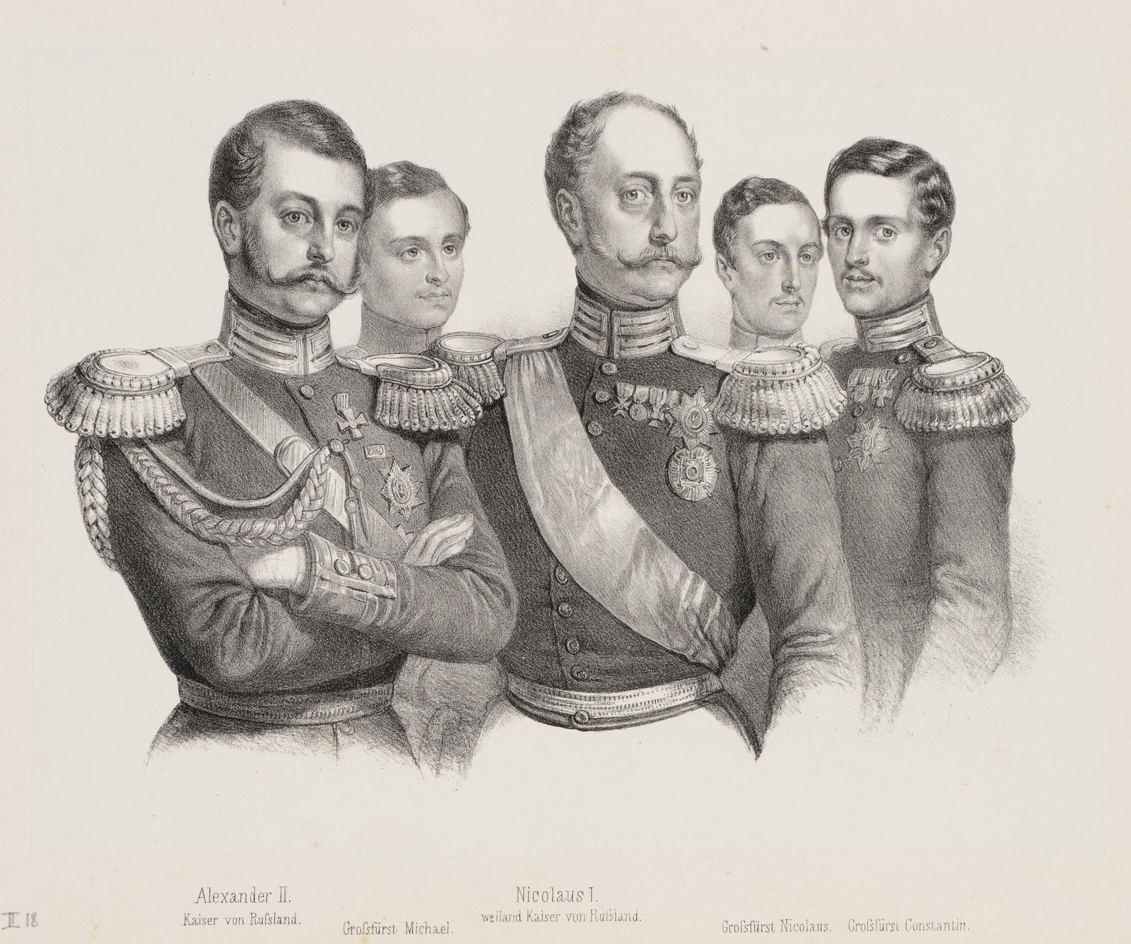 Unknown (19th), The Romanov family, Emperors of Russia, around 1855, Lithography: Unknown (19th century): The Romanov family, Nicholas I and Alexander II, Emperors of Russia and princes, c. 1855, Lithography Technique: Lithography on China paper, rolled-on on Paper Inscription: At 