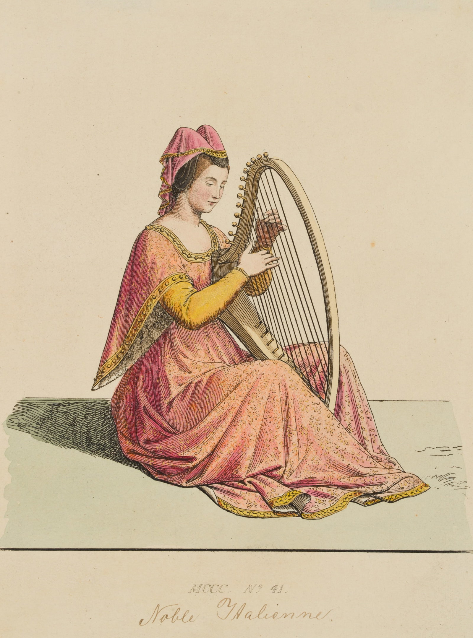 Unknown (19th), Italian noblewoman with a harp, Etching (1 of 4)