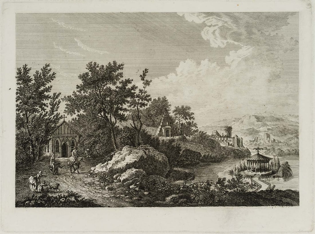 Unknown (19th), Arcadian landscape, around 1800, Etching: Unknown (19th century): Arcadian landscape with temples and chapels, The embellished nature, c. 1800, Etching Technique: Etching on Paper Date: c. 1800 Description: From an elevated vantage point, the