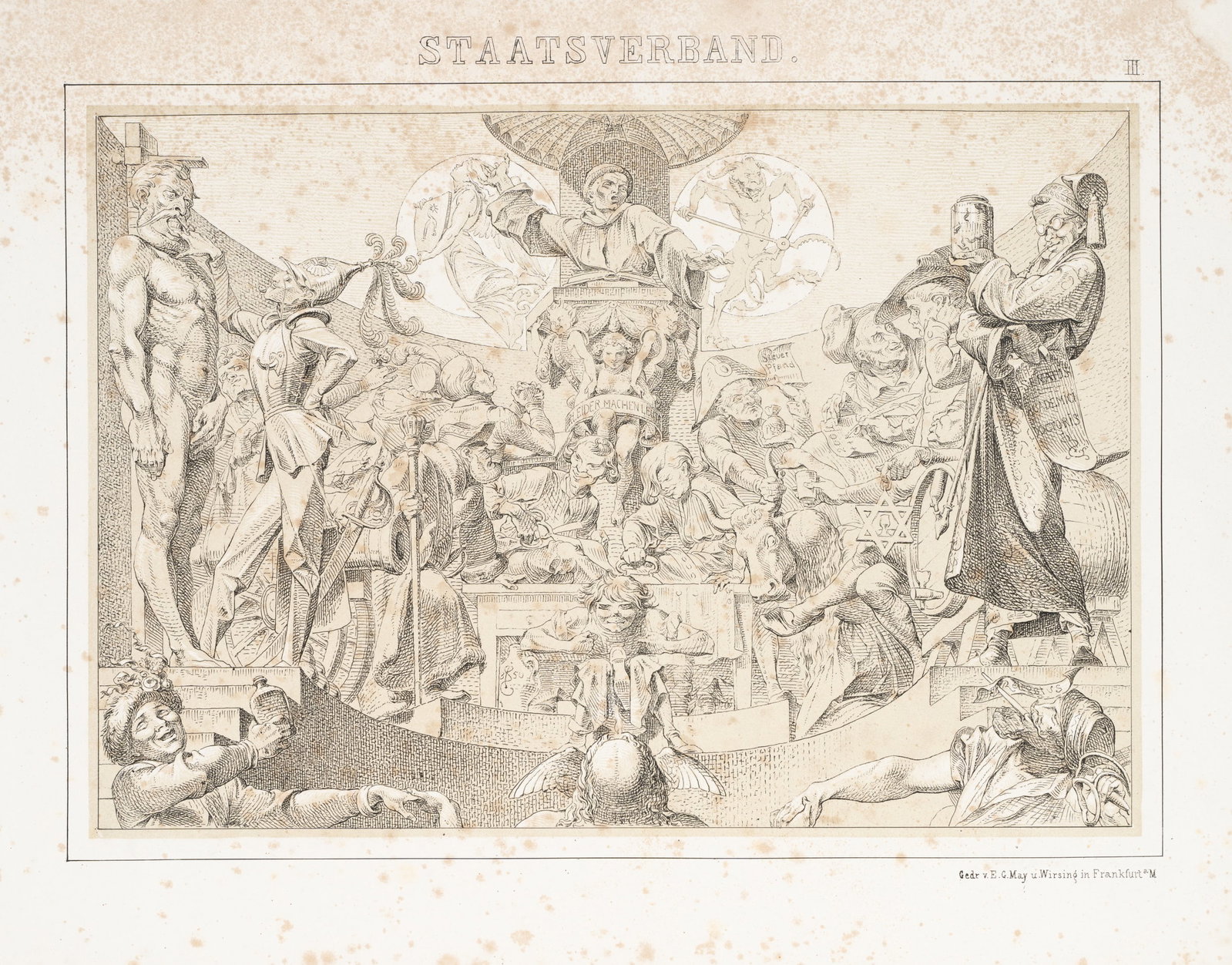 Unknown (19th), State Association. A caricature of the rule of law, around 1850, Lithography: Unknown (19th century): State organisation Caricature of the rule of law Allegorical artwork on political order and power structures in the state organisation, c. 1850, Lithography Technique: Lithogra